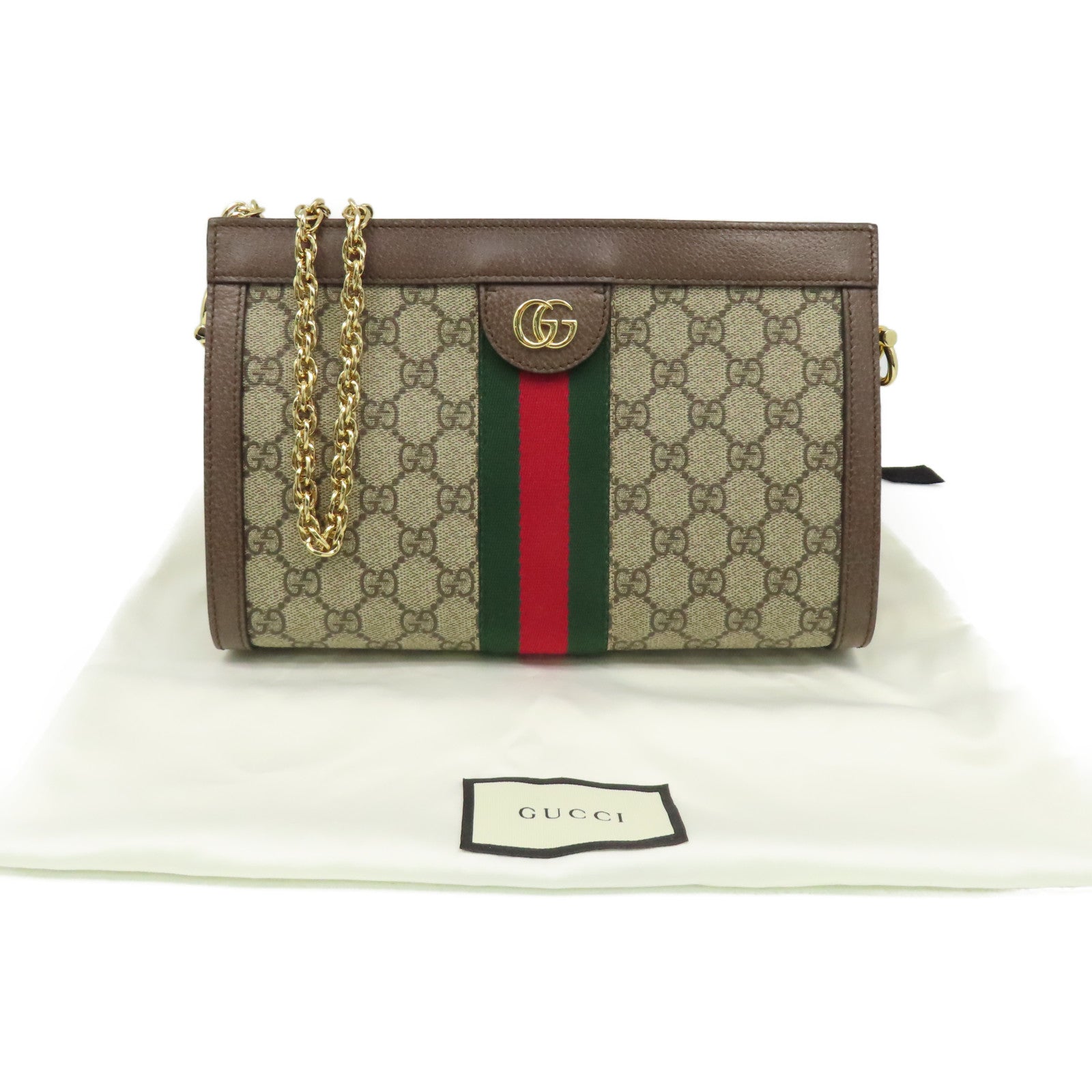 GUCCI 塗層帆布Ophidia GG Chain Shoulder Bag鏈帶肩背袋啡色