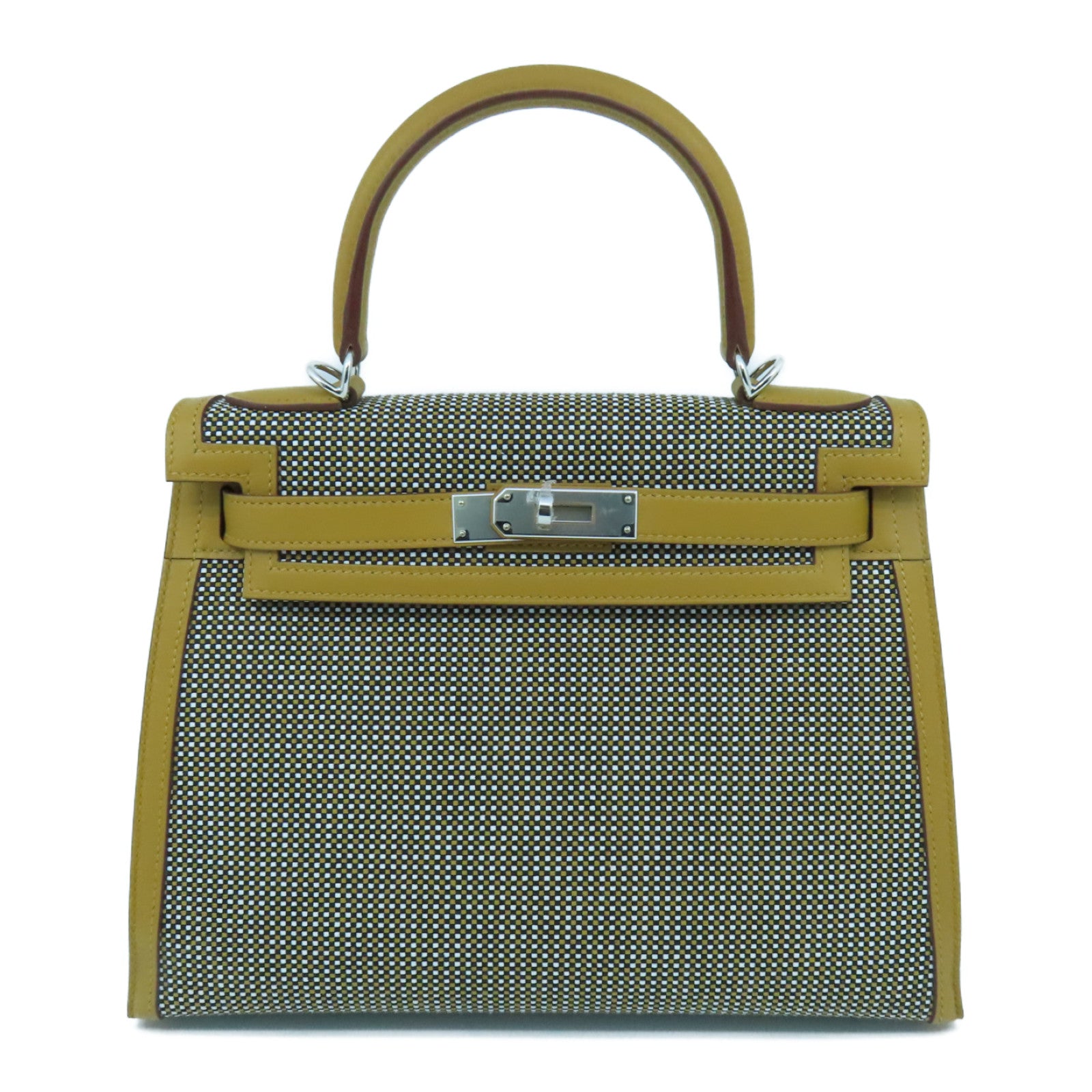 HERMES Toile Quadrille Kelly 28 Silver Button Handle Bag Brown