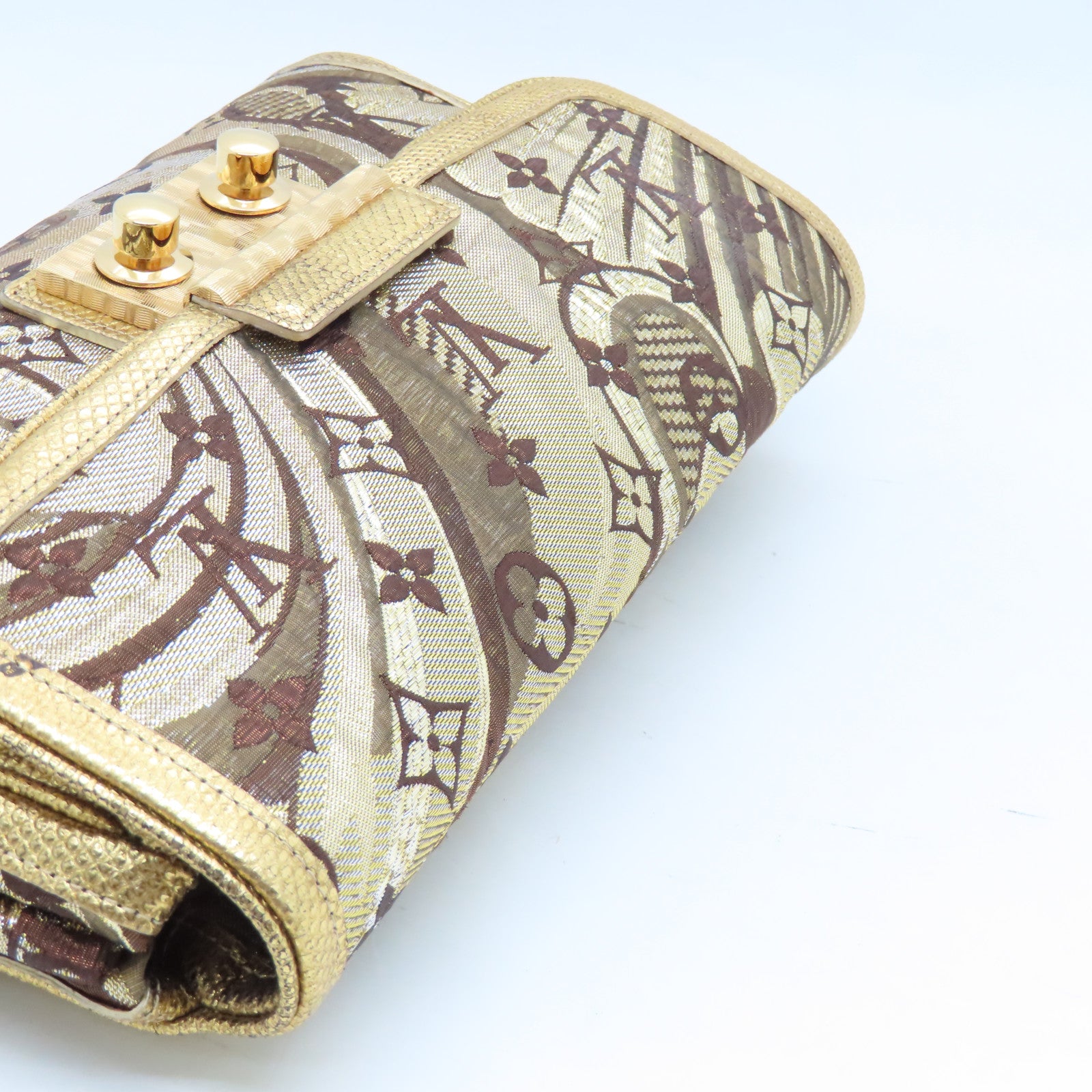 LOUIS VUITTON 絲質/蜥蝪皮革Brocade Thalie Clutch金扣手拿包金色