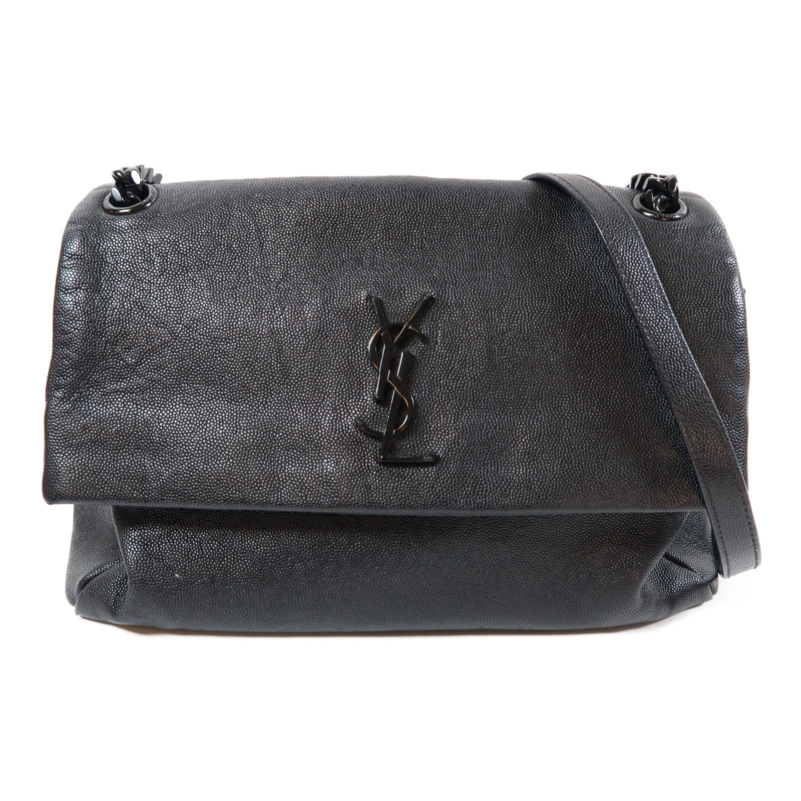 YVES SAINT LAURENT 牛皮皮革Shoulder Bag銀扣肩背袋黑色