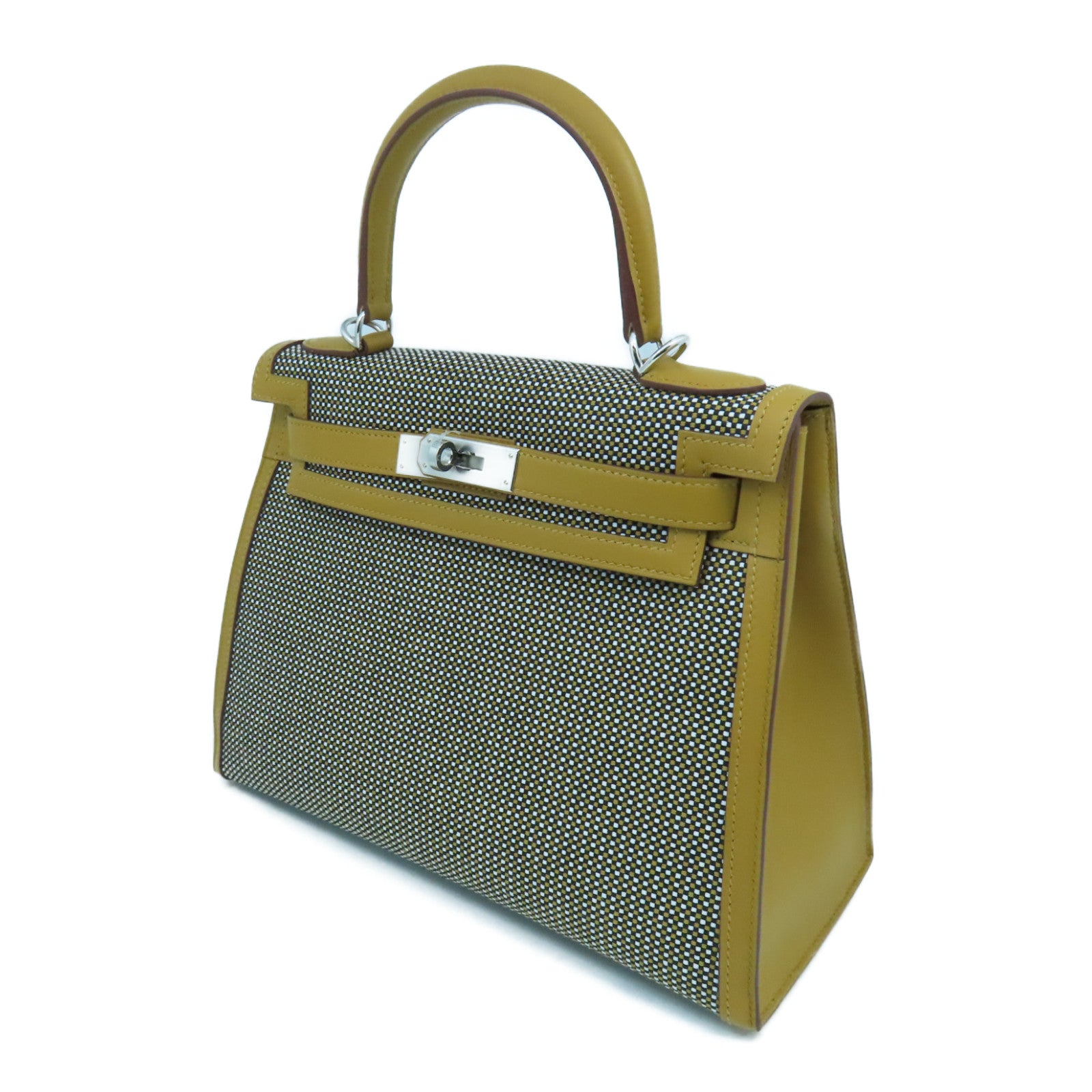 HERMES Toile Quadrille Kelly 28 Silver Button Handle Bag Brown
