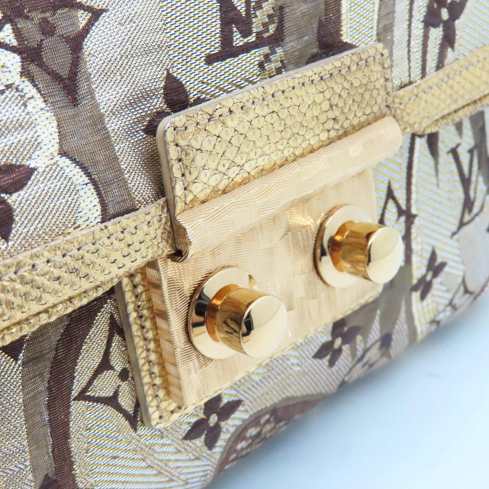 LOUIS VUITTON 絲質/蜥蝪皮革Brocade Thalie Clutch金扣手拿包金色