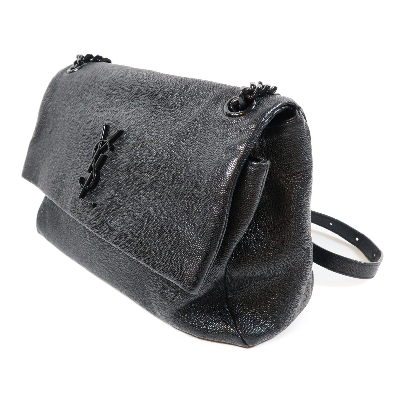 YVES SAINT LAURENT 牛皮皮革Shoulder Bag銀扣肩背袋黑色