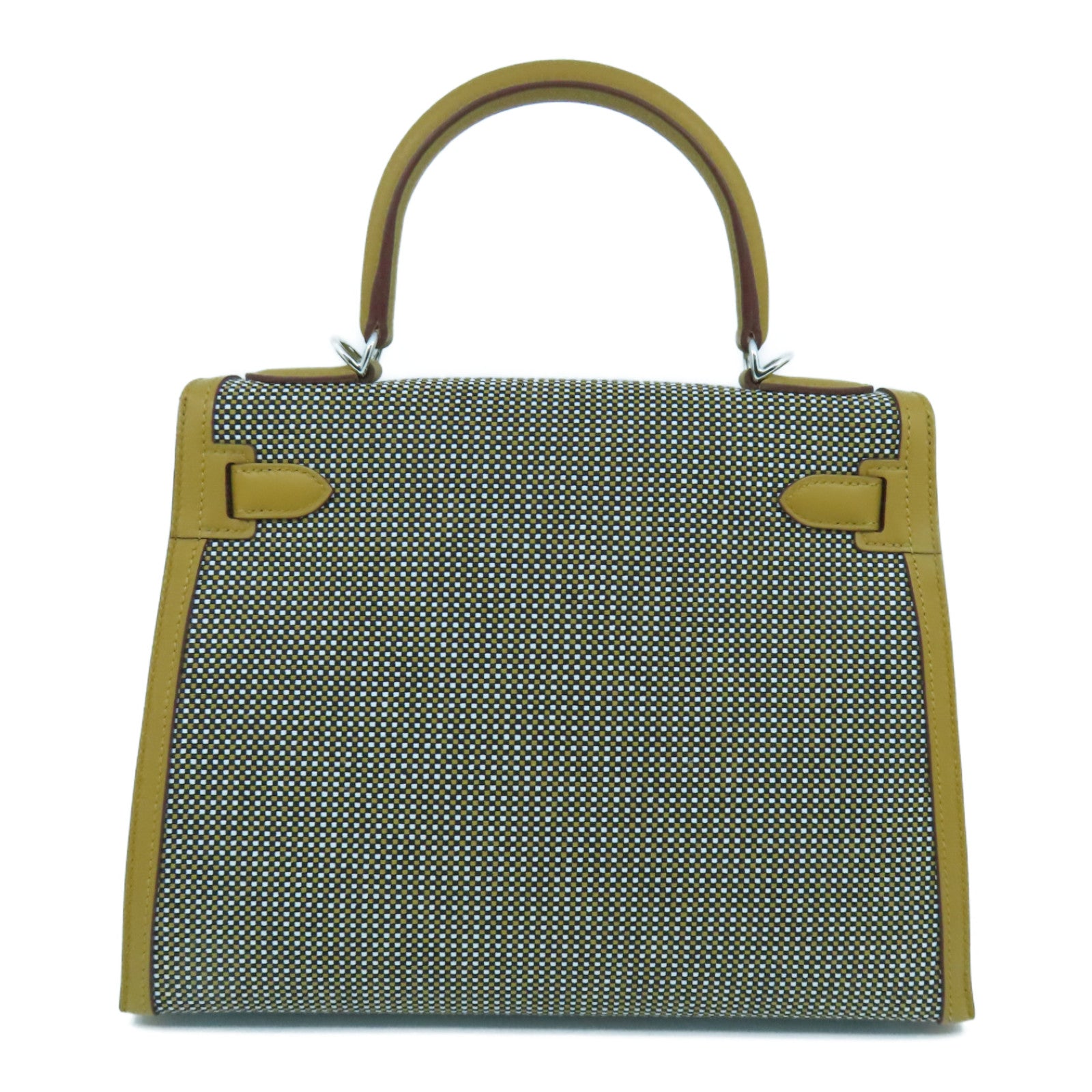HERMES Toile Quadrille Kelly 28 Silver Button Handle Bag Brown