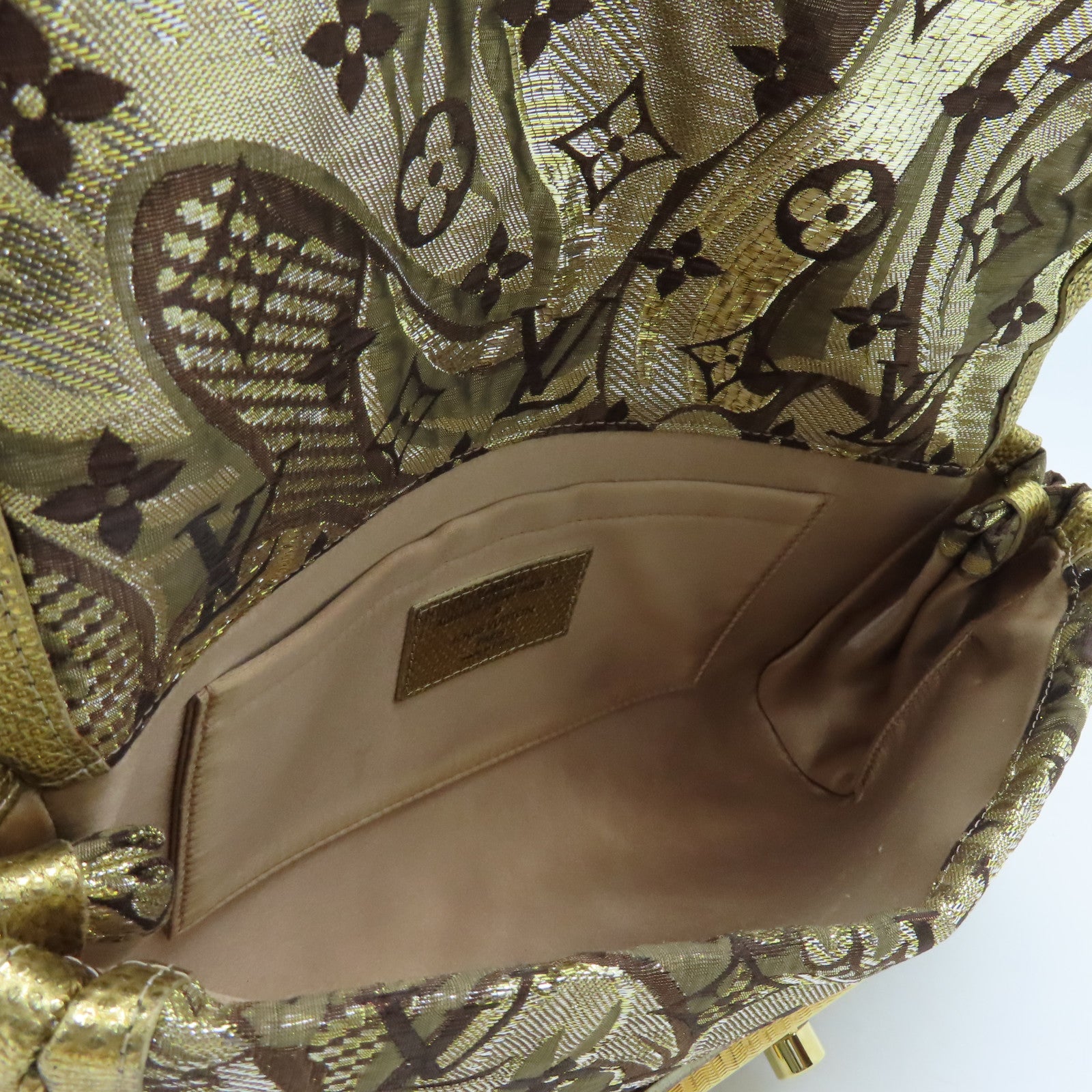 LOUIS VUITTON 絲質/蜥蝪皮革Brocade Thalie Clutch金扣手拿包金色