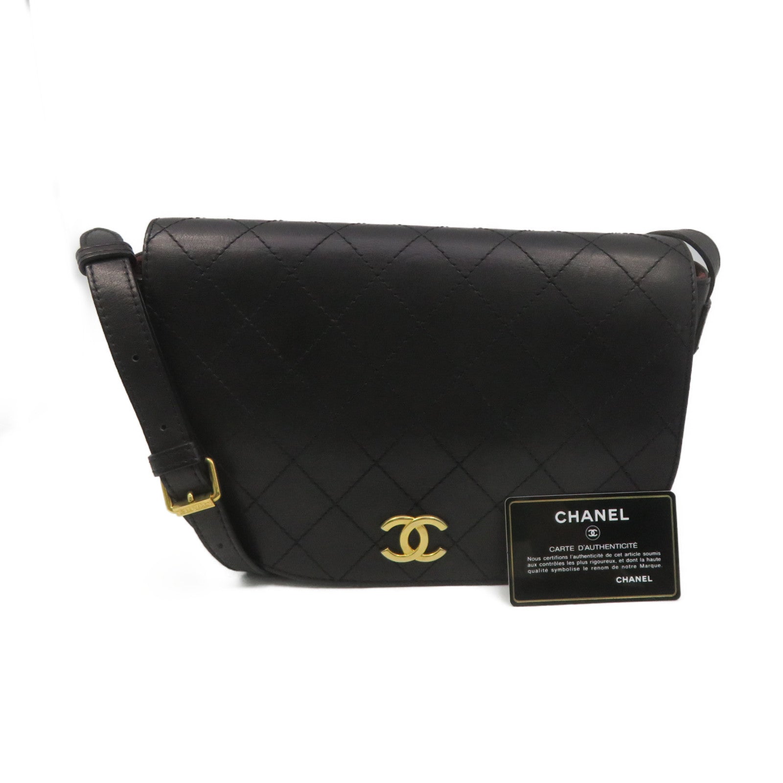 CHANEL rhombic cowhide leather Shoulder Bag gold buckle shoulder bag black