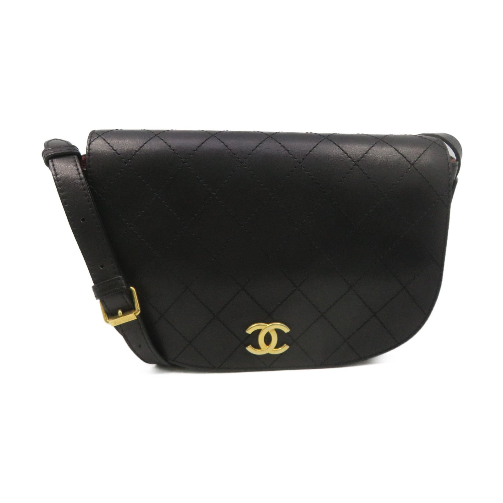 CHANEL rhombic cowhide leather Shoulder Bag gold buckle shoulder bag black