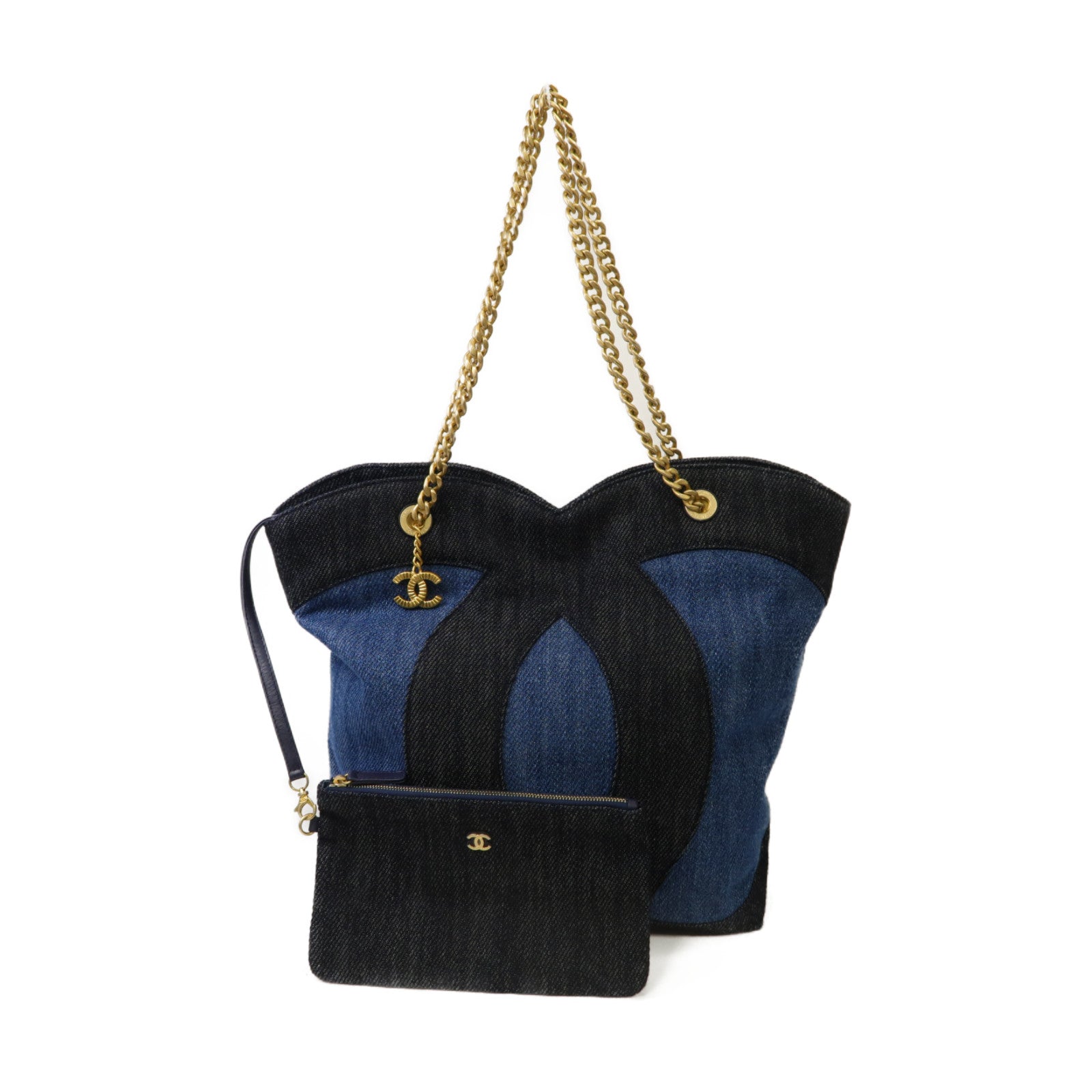 CHANEL 牛仔布Chain Shoulder金扣鏈帶肩背袋藍色