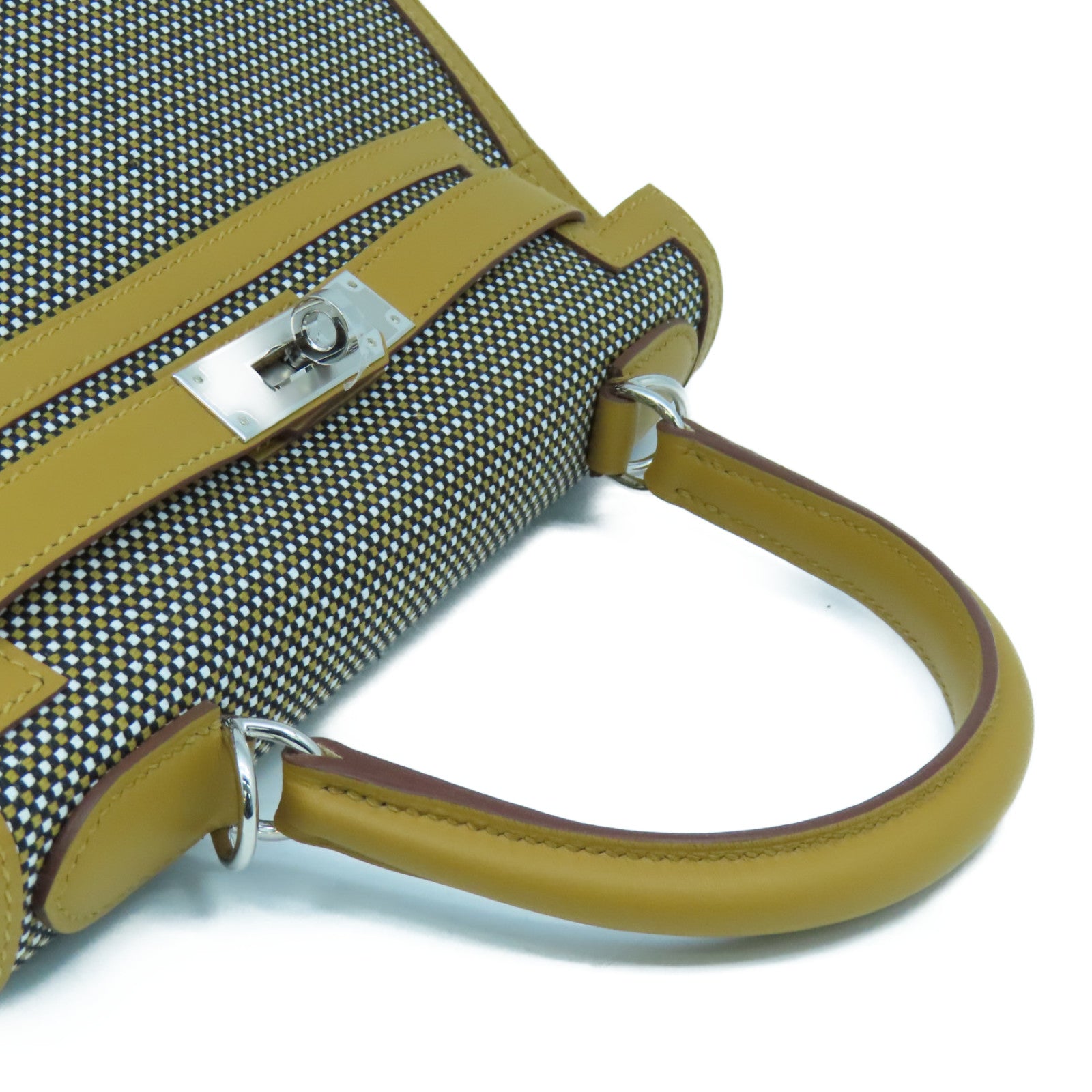 HERMES Toile Quadrille Kelly 28 Silver Button Handle Bag Brown