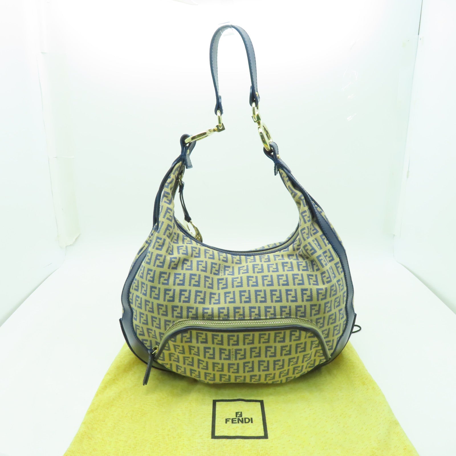 FENDI 帆布/皮革Shoulder Bag金扣肩背袋米色/藍色