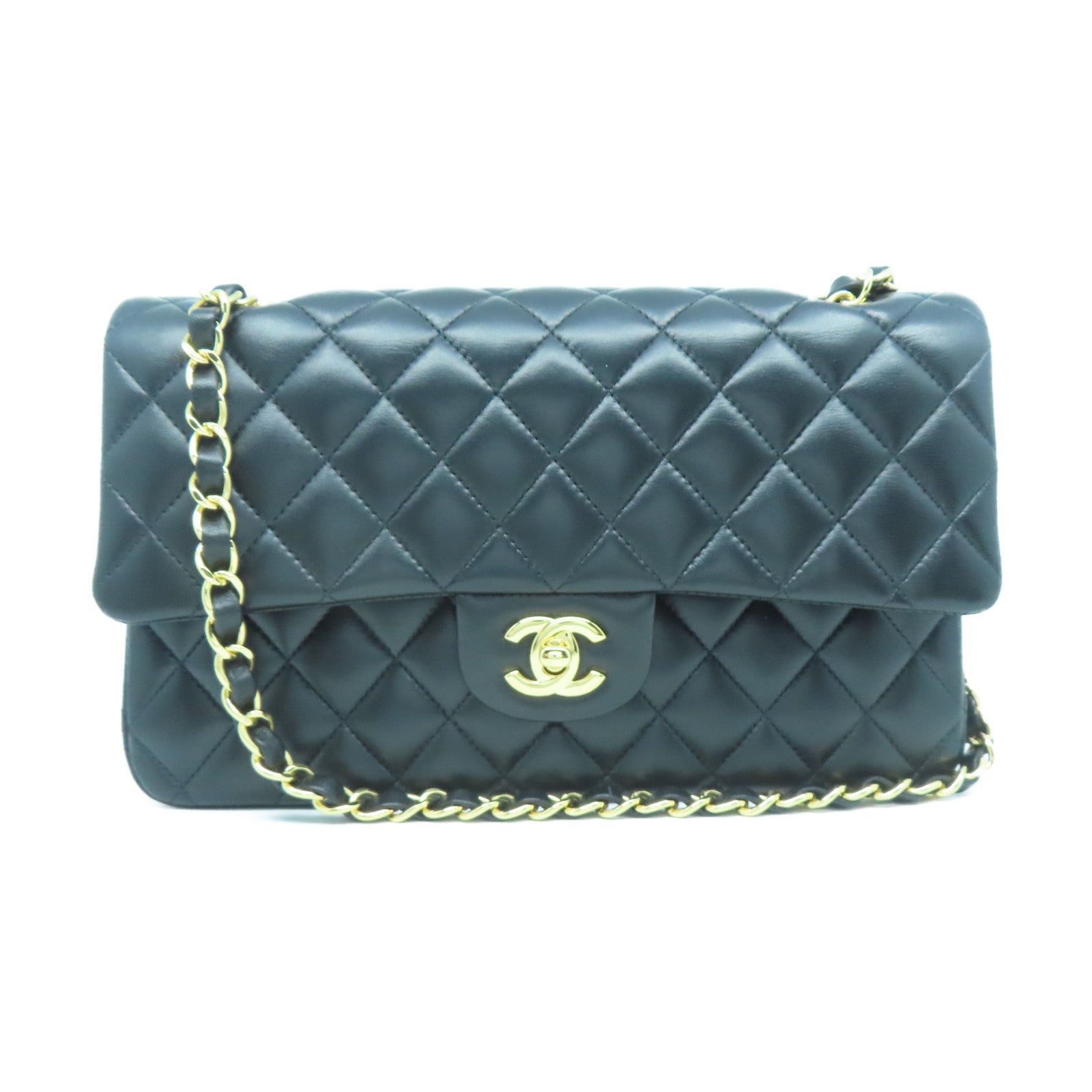 CHANEL 菱格羊皮皮革Classic 25金扣鏈帶肩背袋黑色