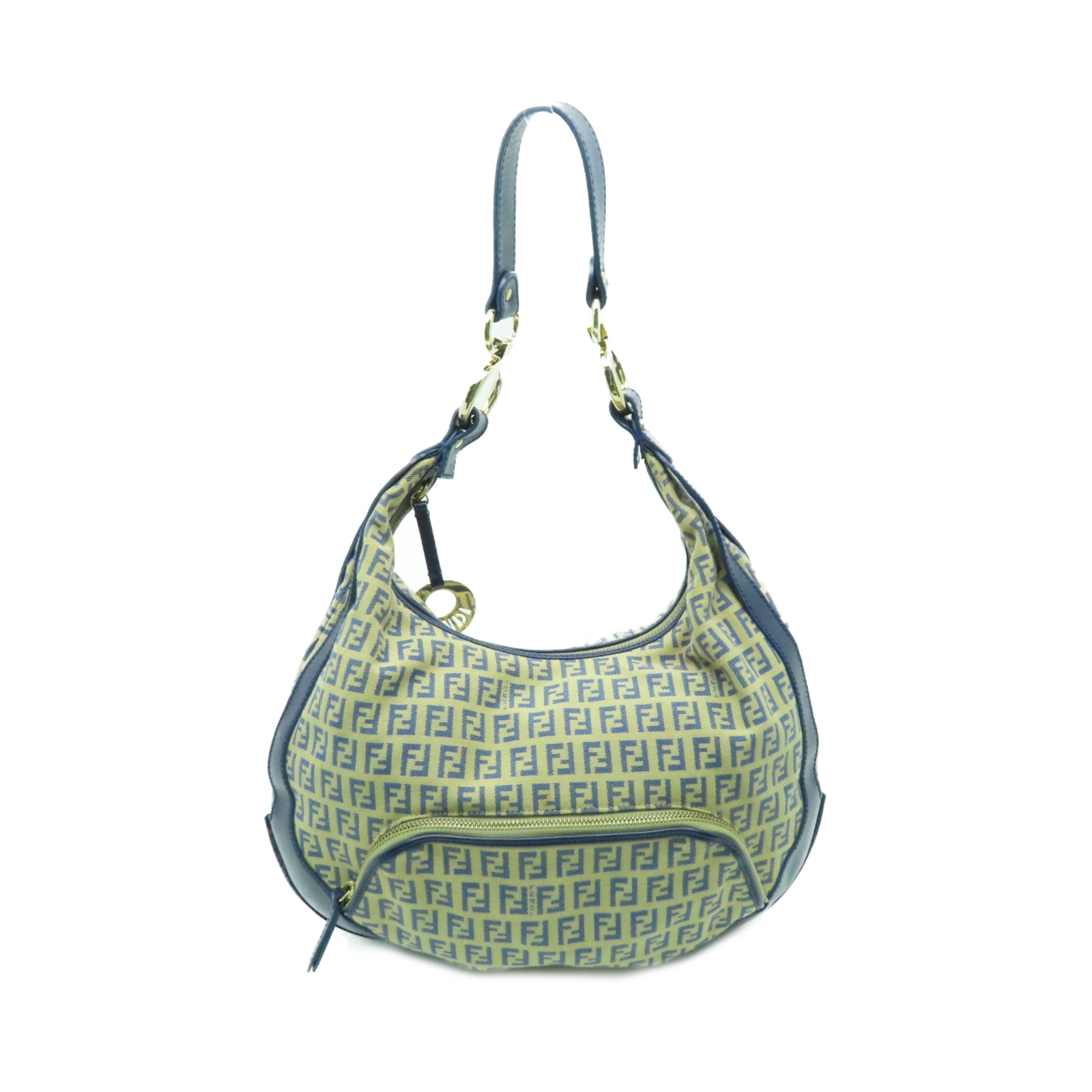 FENDI 帆布/皮革Shoulder Bag金扣肩背袋米色/藍色