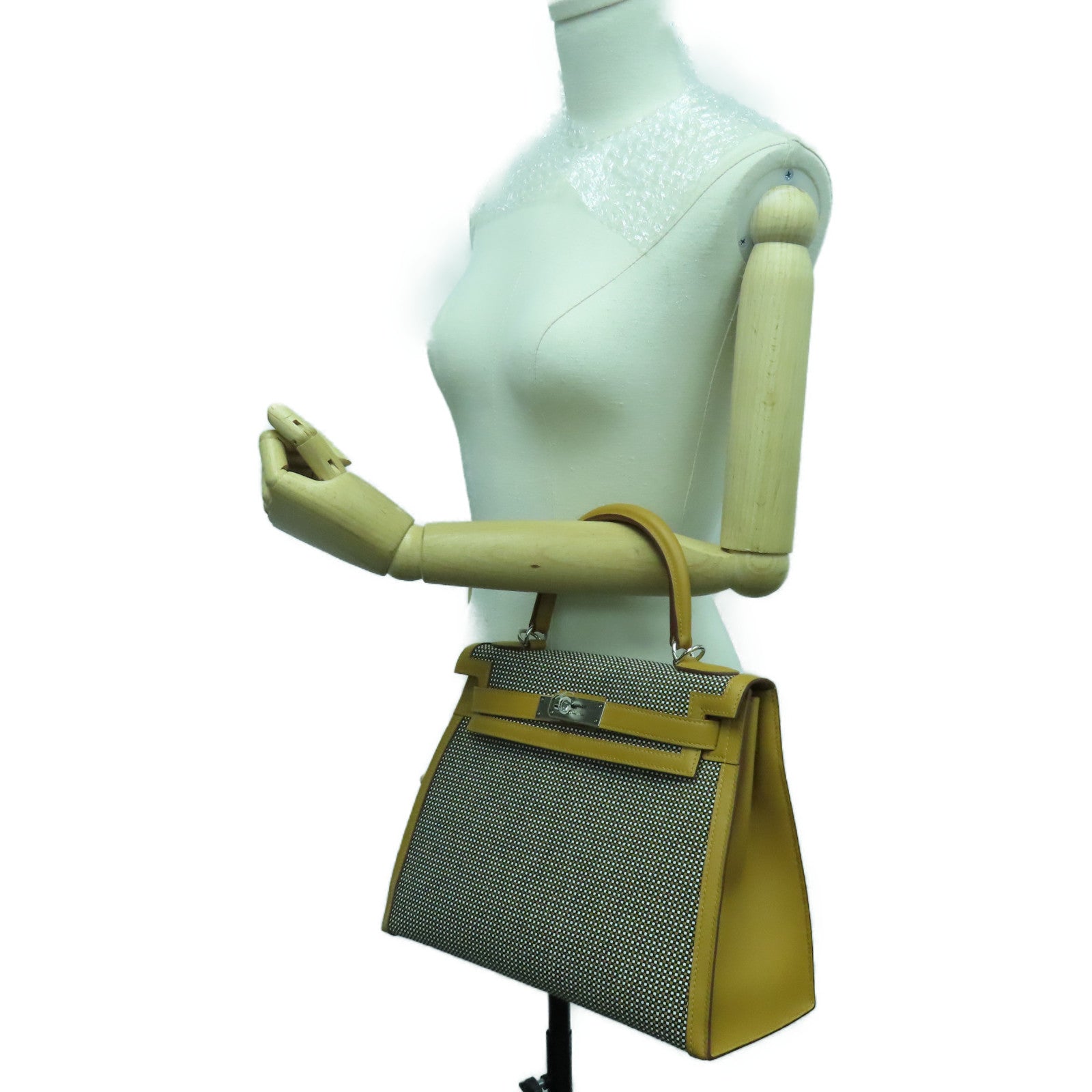 HERMES Toile Quadrille Kelly 28 Silver Button Handle Bag Brown