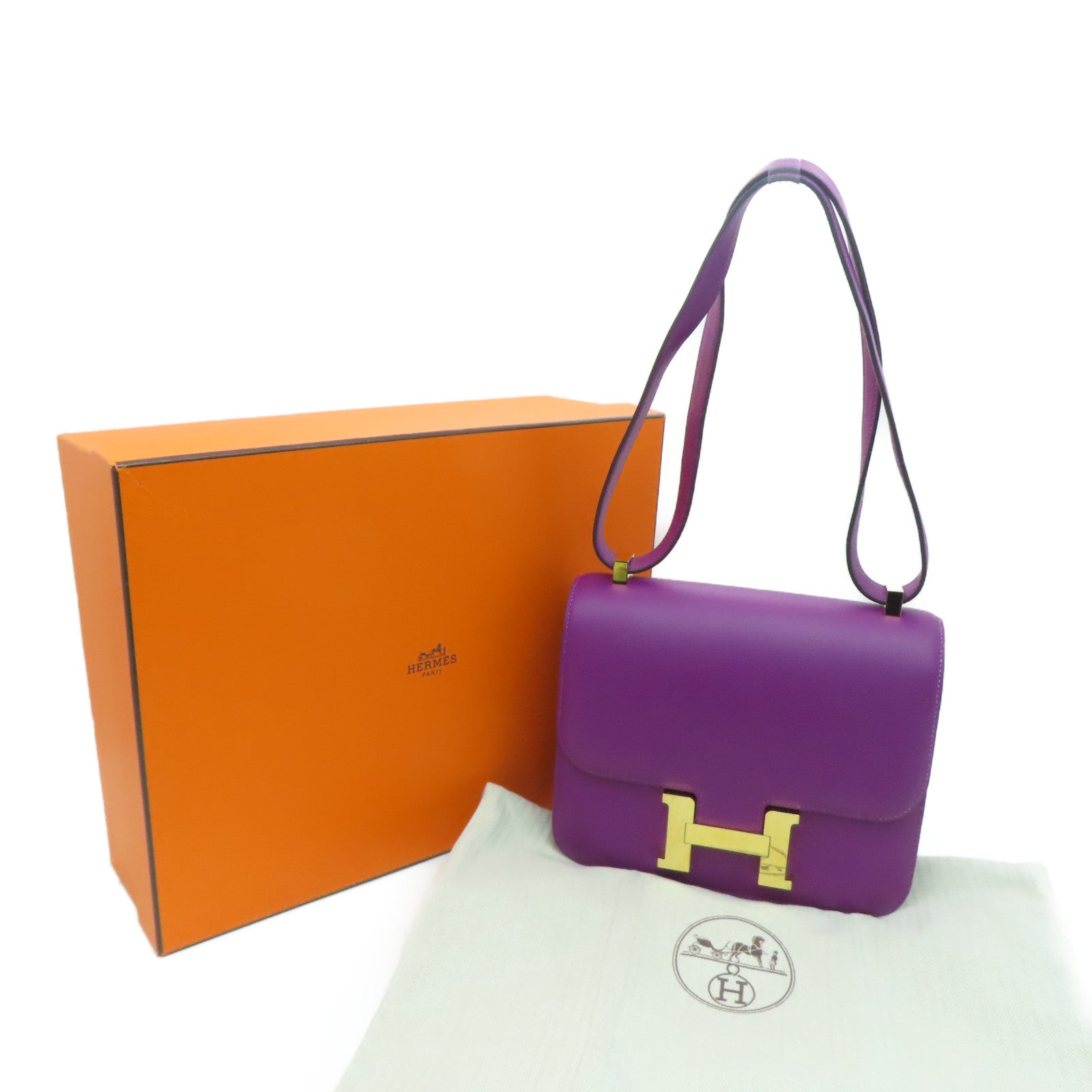 HERMES Evercolor Leather Constance 24 Gold Buckle Shoulder Bag Anemone/Purple