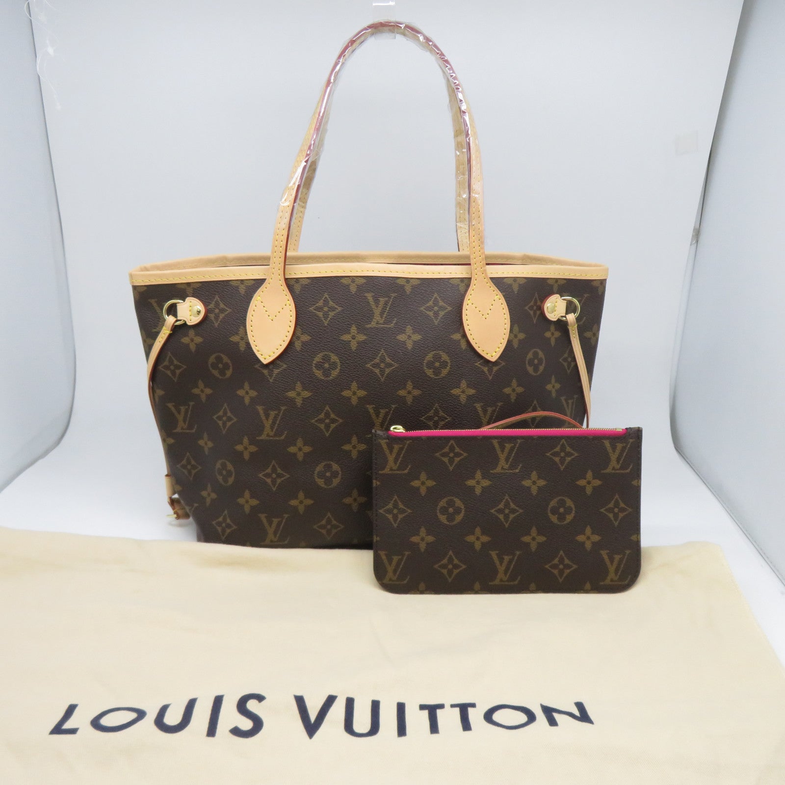 LOUIS VUITTON Monogram Neverfull PM金扣手挽袋啡色