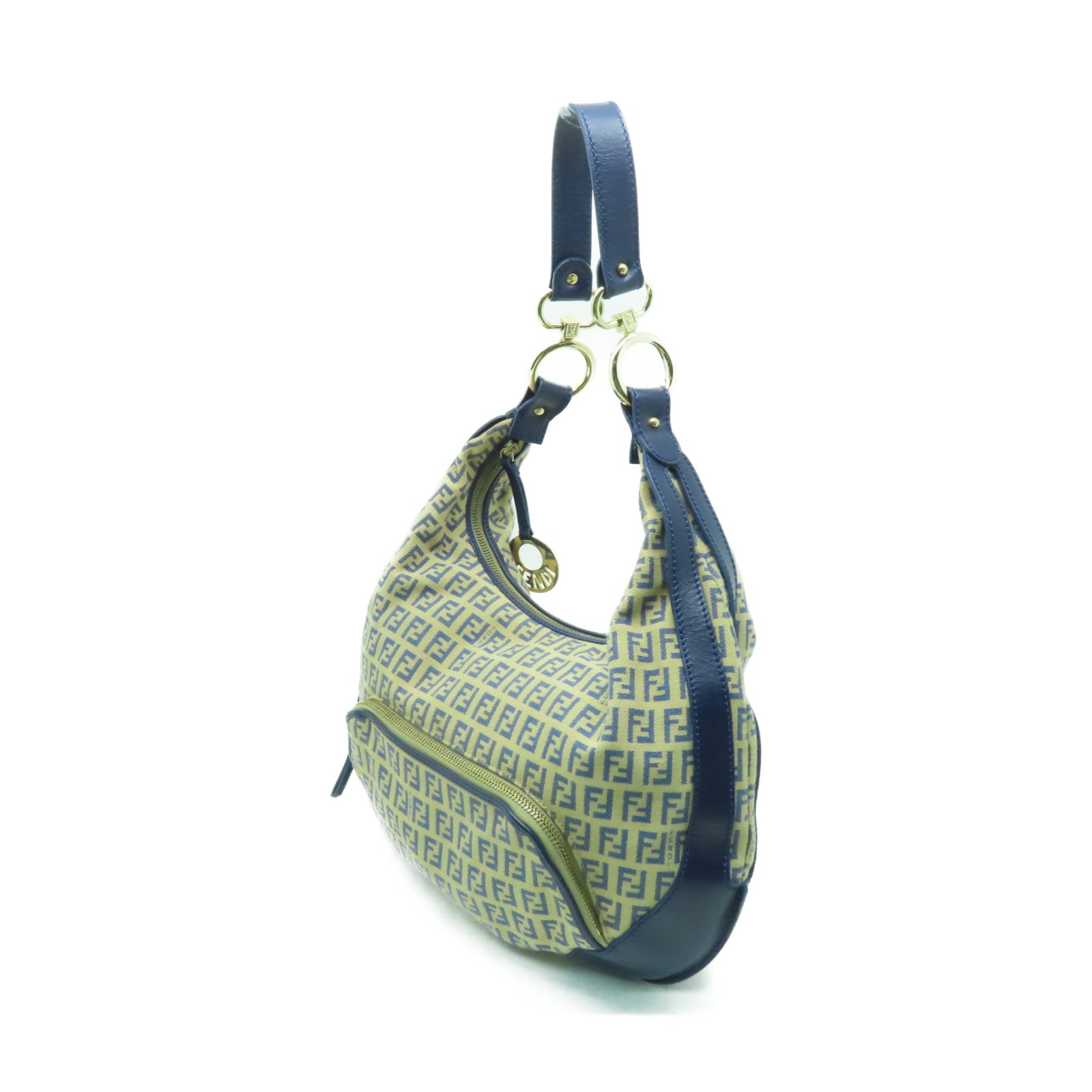 FENDI 帆布/皮革Shoulder Bag金扣肩背袋米色/藍色