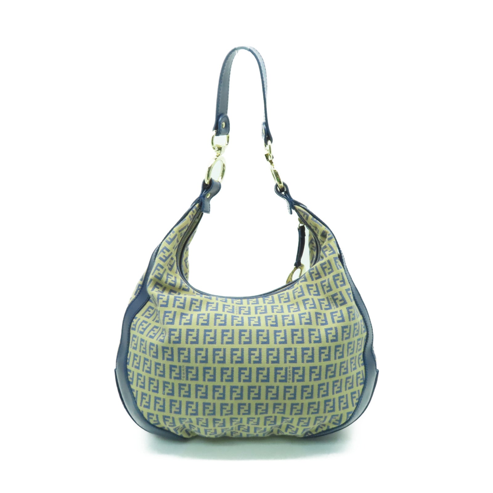 FENDI 帆布/皮革Shoulder Bag金扣肩背袋米色/藍色