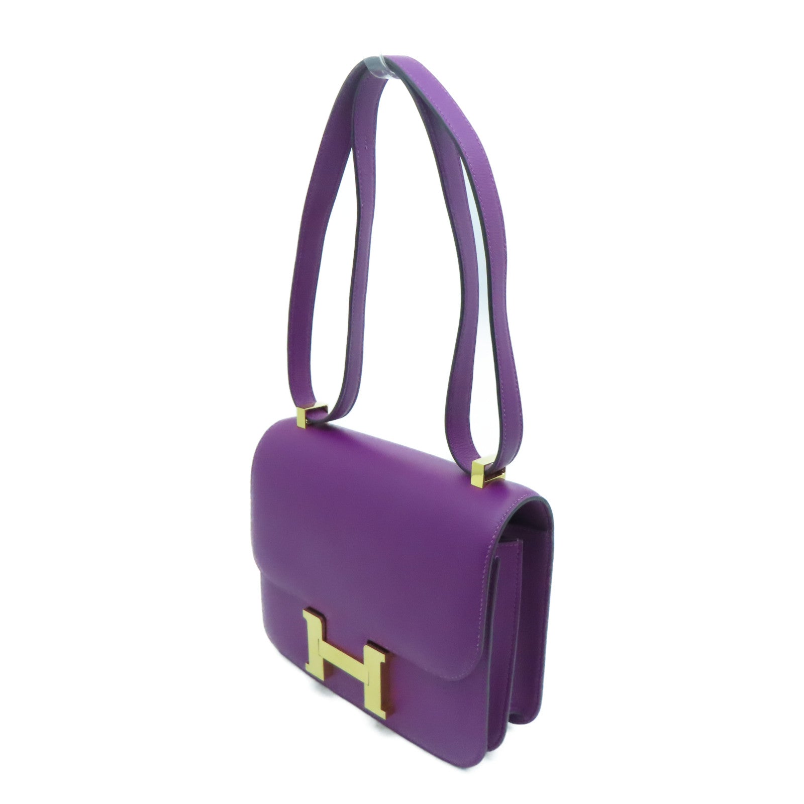 HERMES Evercolor Leather Constance 24 Gold Buckle Shoulder Bag Anemone/Purple
