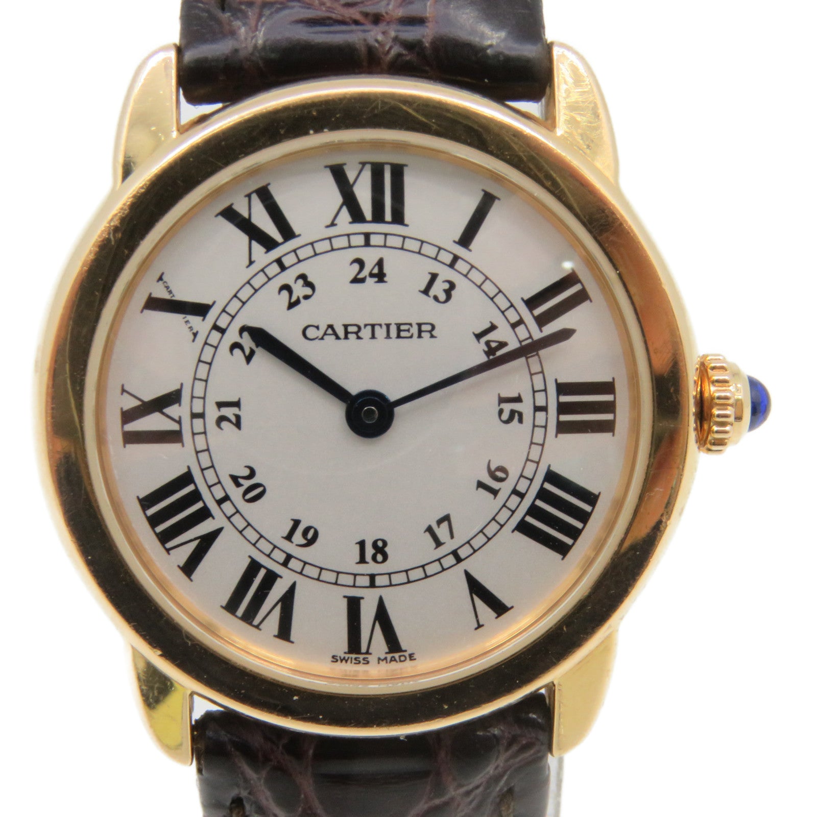 CARTIER 鱷魚皮革Ronde Solo 18K黃金/不鏽鋼手錶石英機芯白色