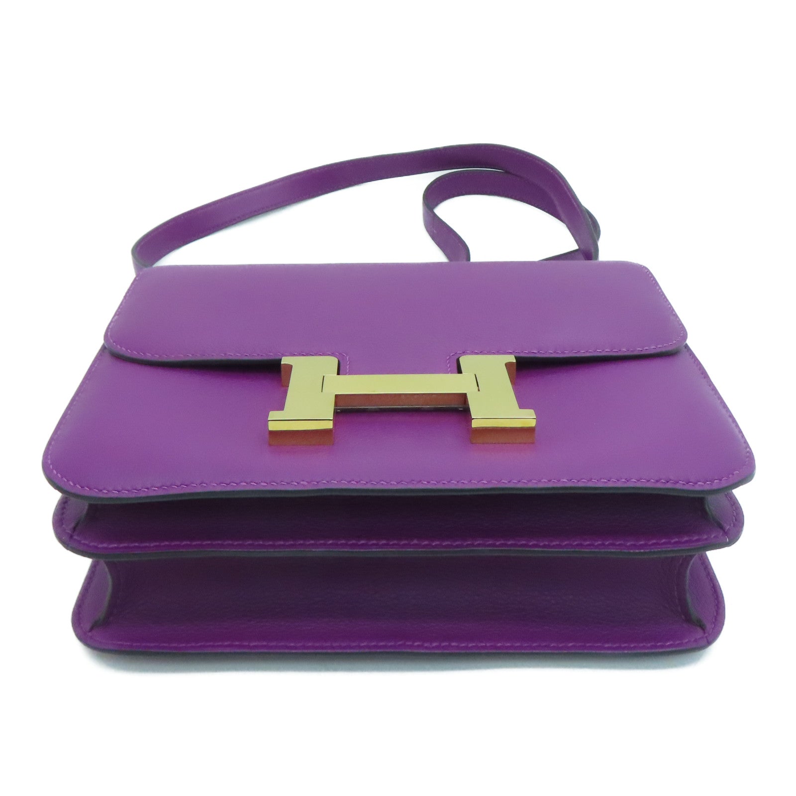 HERMES Evercolor Leather Constance 24 Gold Buckle Shoulder Bag Anemone/Purple