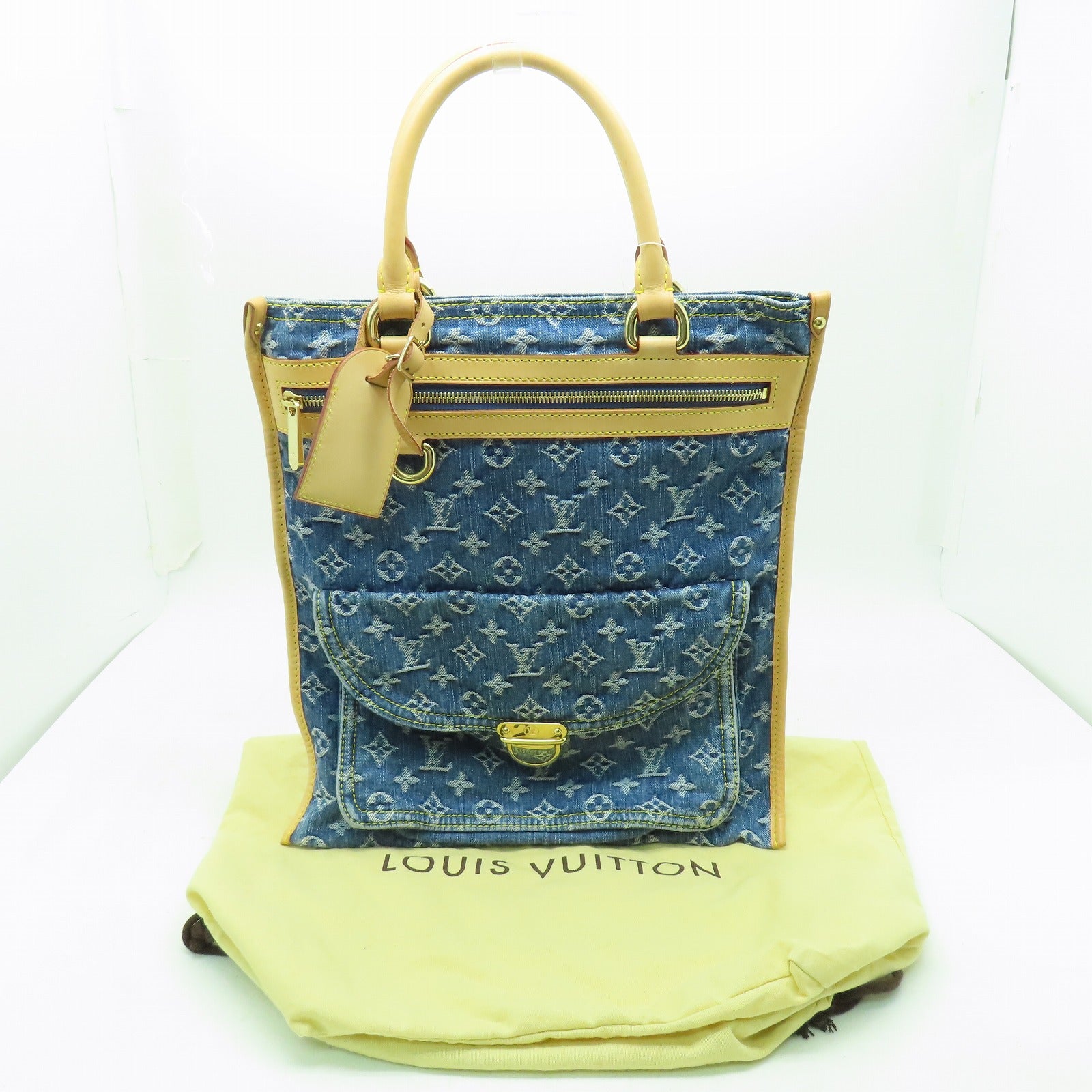 LOUIS VUITTON 牛仔布Flat Shopper金扣手挽袋藍色