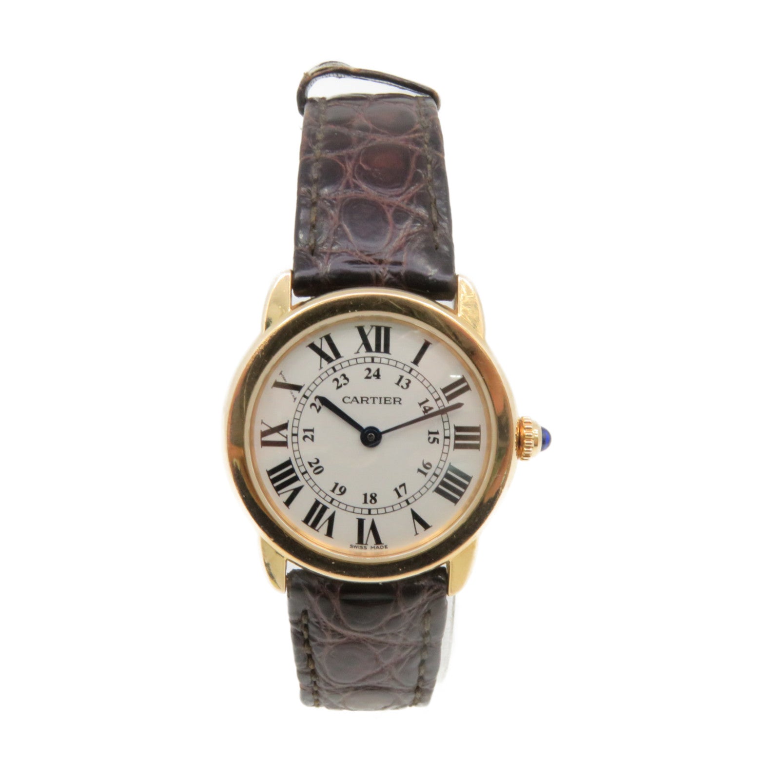 CARTIER 鱷魚皮革Ronde Solo 18K黃金/不鏽鋼手錶石英機芯白色
