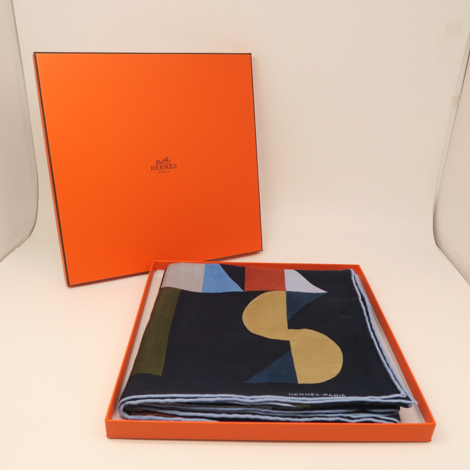 HERMES Wool Scarf 100X100cm Silk Scarf Blue/Green/Orange