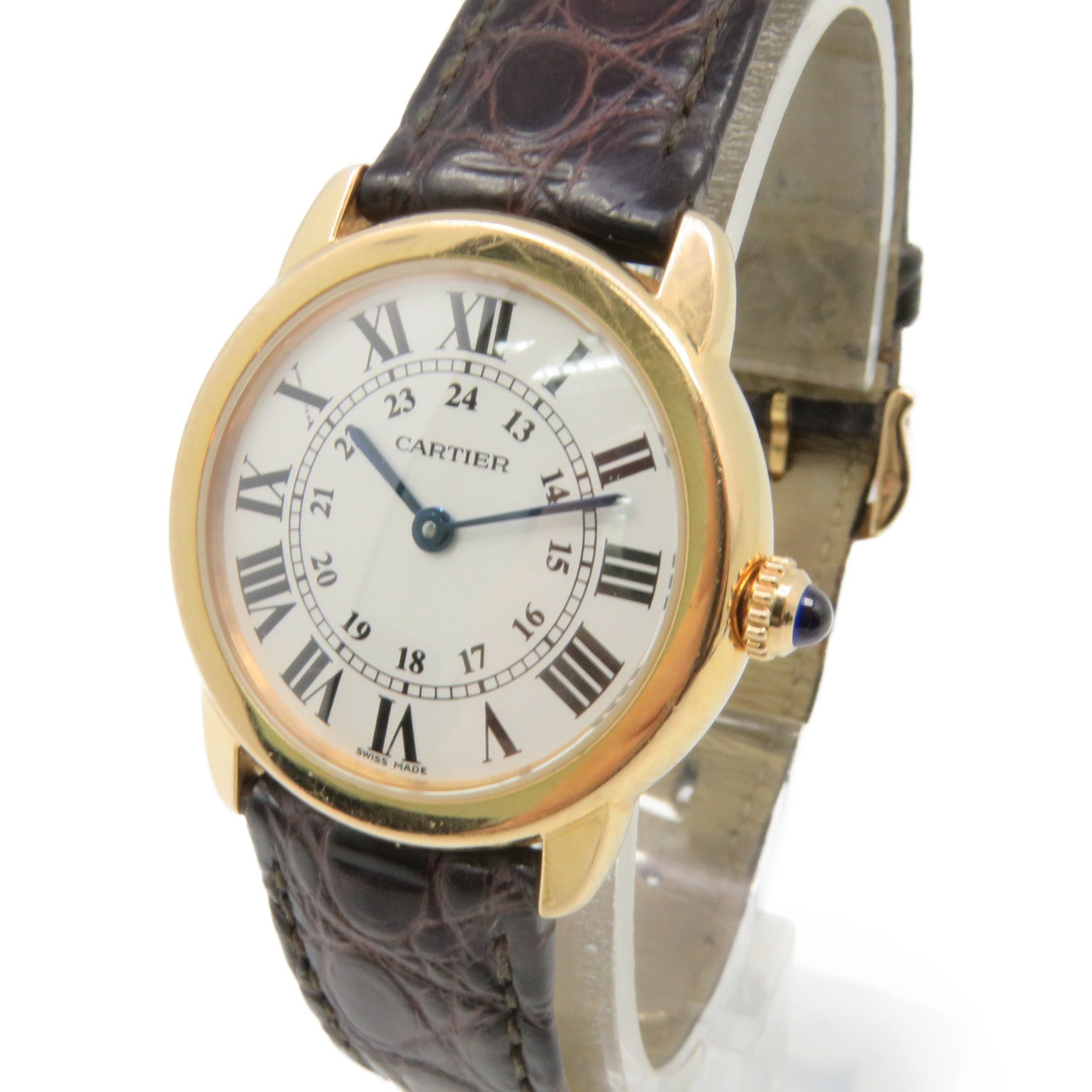 CARTIER 鱷魚皮革Ronde Solo 18K黃金/不鏽鋼手錶石英機芯白色