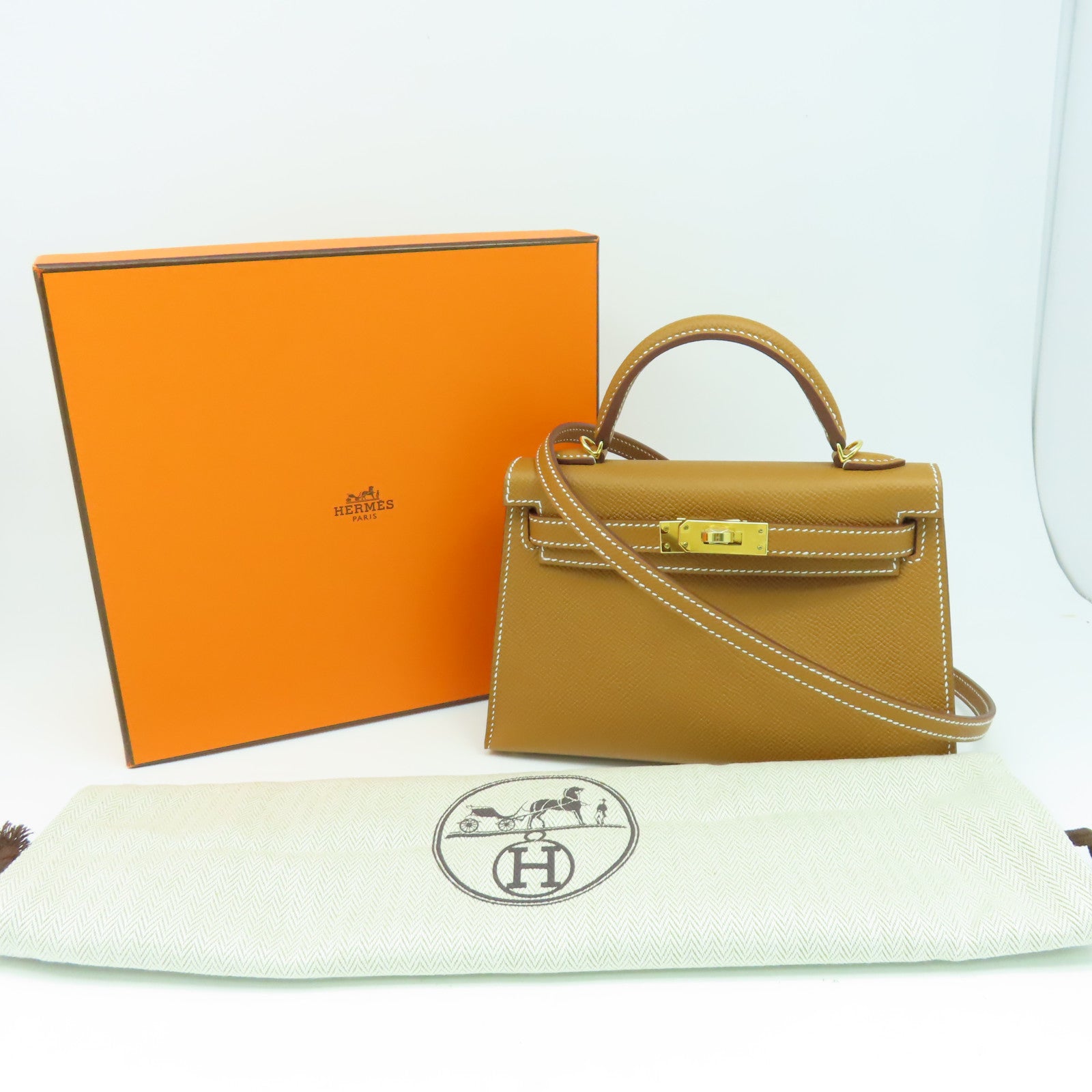 HERMES Veau Epsom皮革Mini Kelly金扣手挽肩背兩用袋金色經典駝色