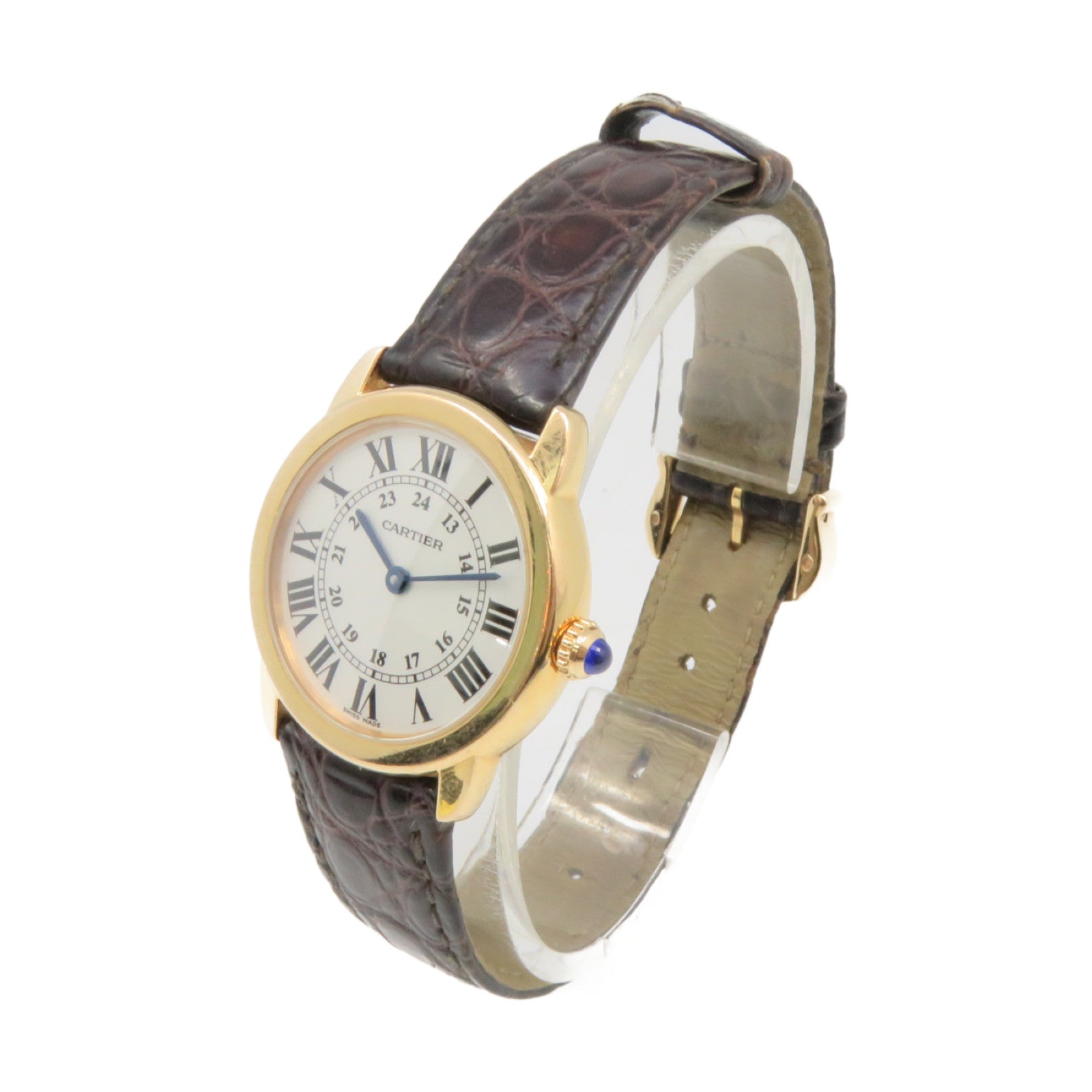 CARTIER 鱷魚皮革Ronde Solo 18K黃金/不鏽鋼手錶石英機芯白色