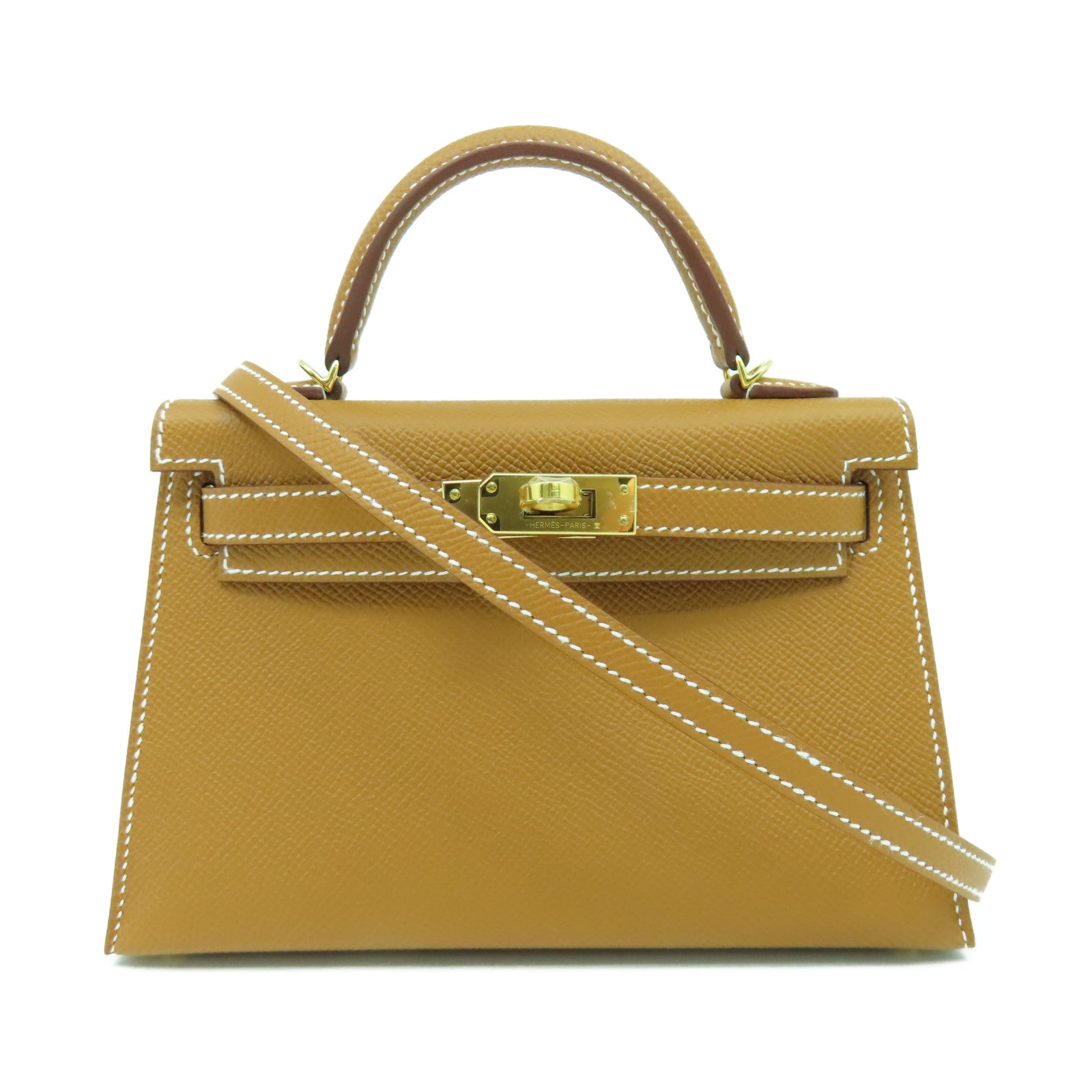 HERMES Veau Epsom皮革Mini Kelly金扣手挽肩背兩用袋金色經典駝色