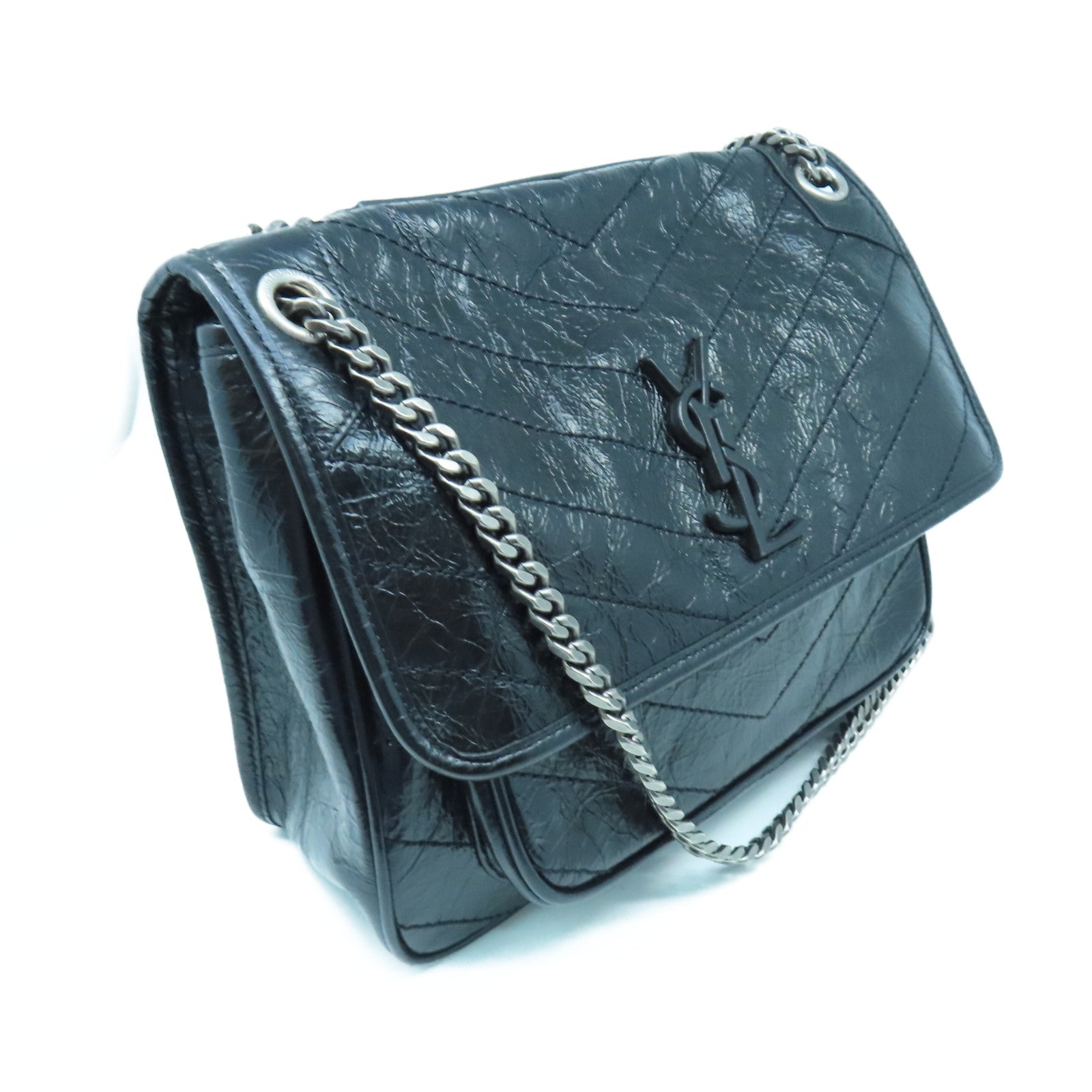 SAINT LAURENT 斜紋牛皮皮革Niki銀扣鏈帶肩背袋黑色