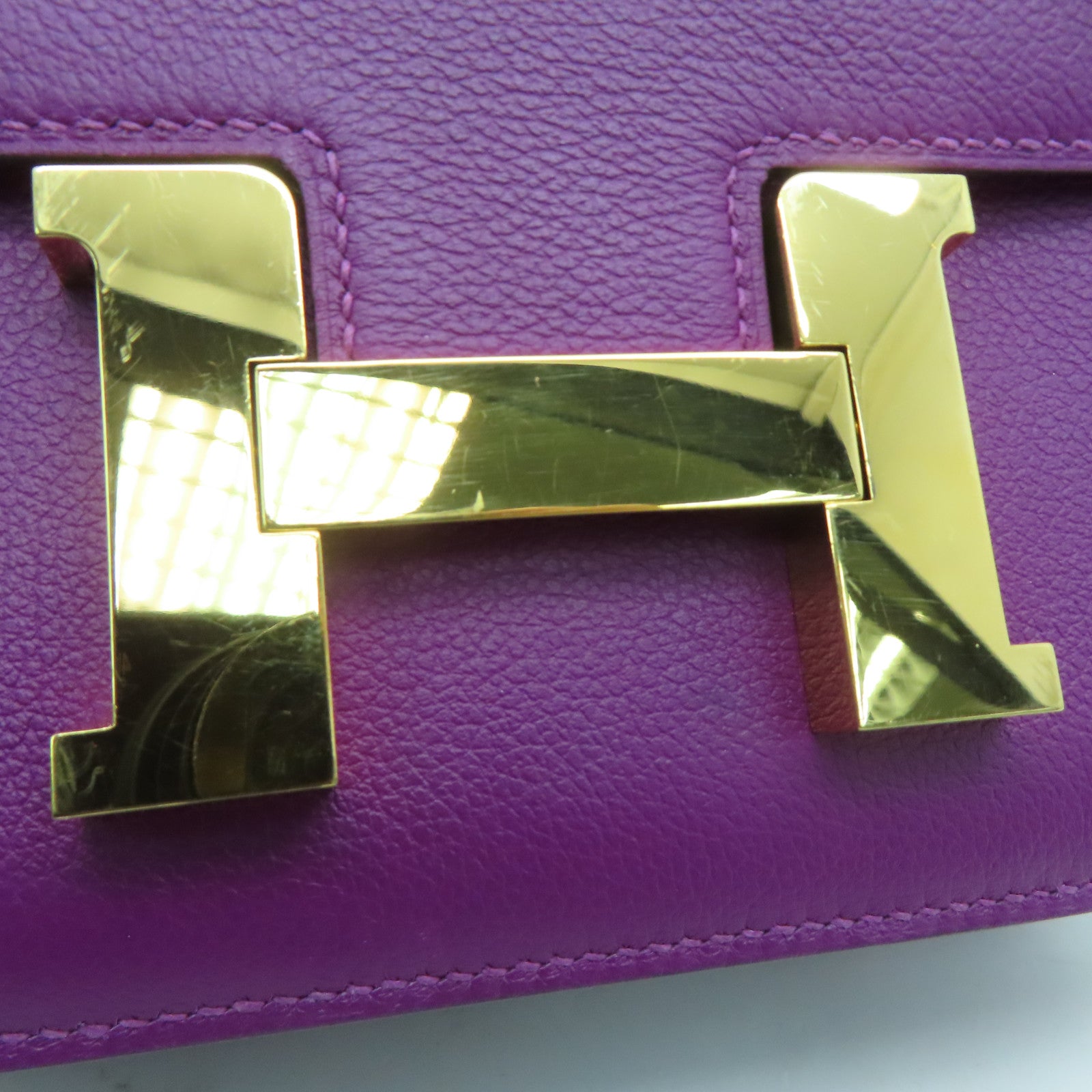 HERMES Evercolor Leather Constance 24 Gold Buckle Shoulder Bag Anemone/Purple