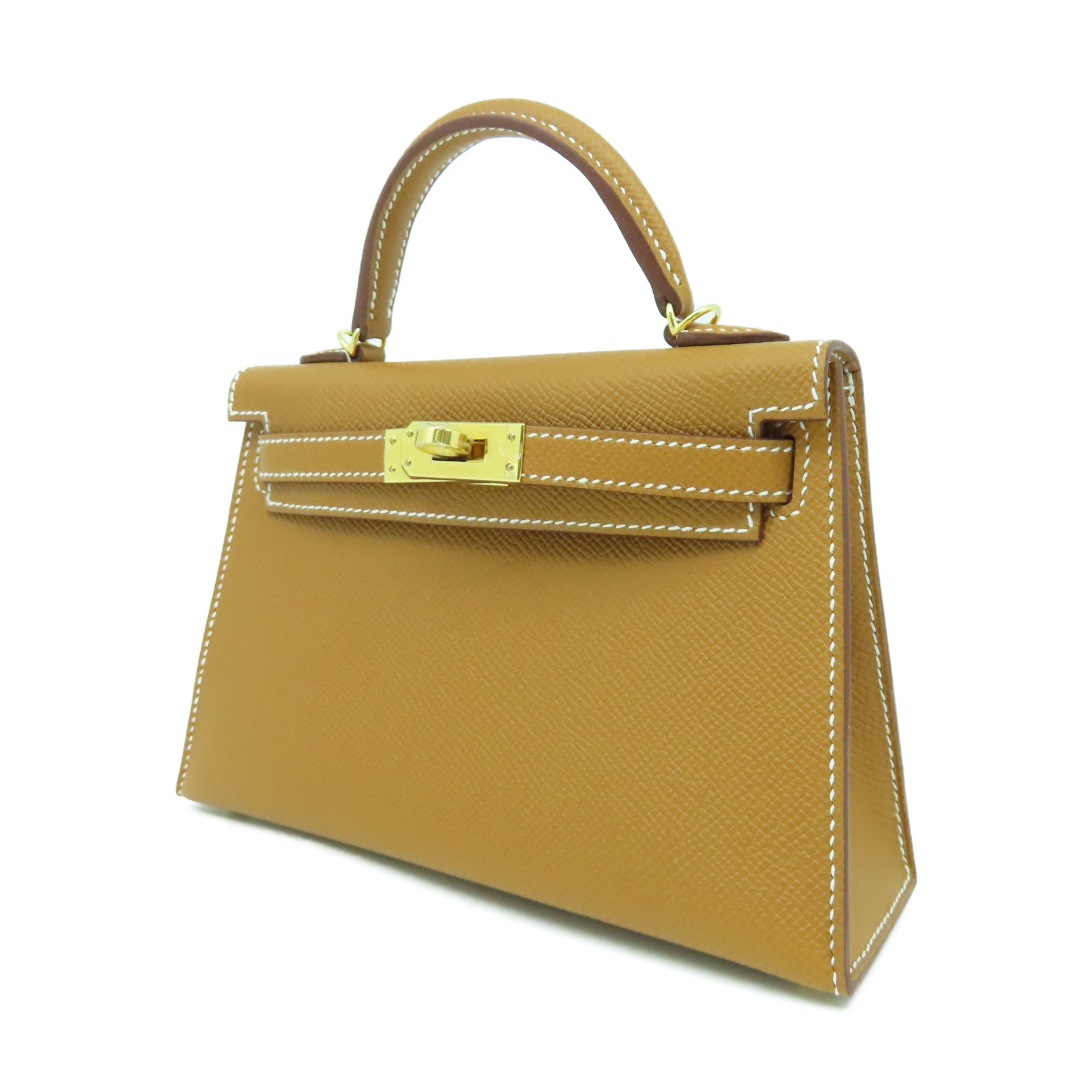 HERMES Veau Epsom皮革Mini Kelly金扣手挽肩背兩用袋金色經典駝色