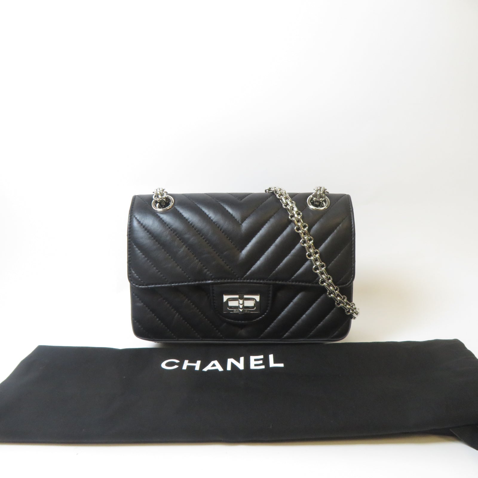CHANEL 斜紋牛皮皮革2.55 Mini銀扣鏈帶肩背袋黑色