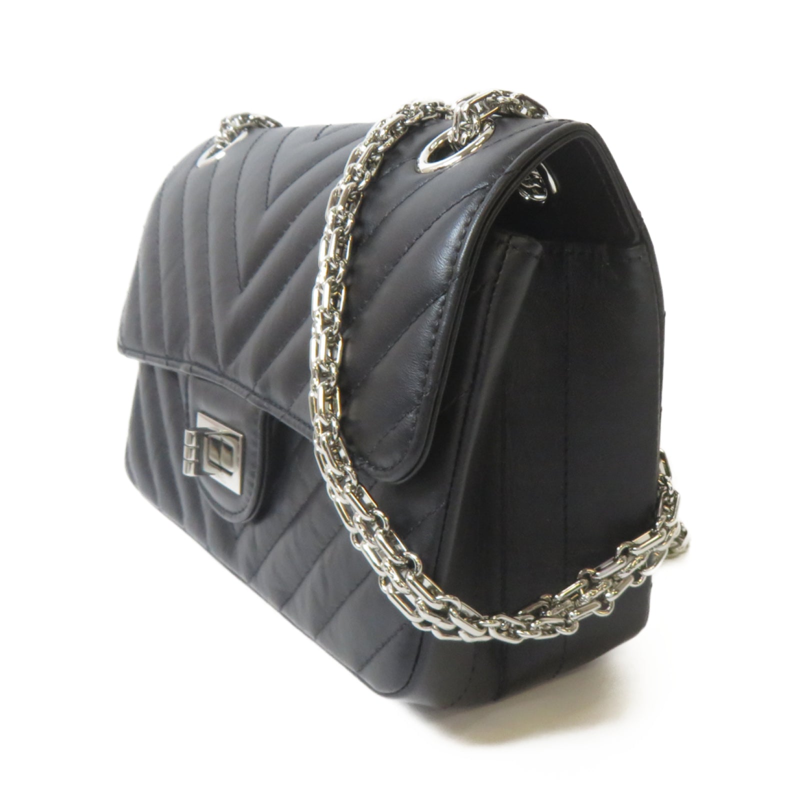 CHANEL 斜紋牛皮皮革2.55 Mini銀扣鏈帶肩背袋黑色