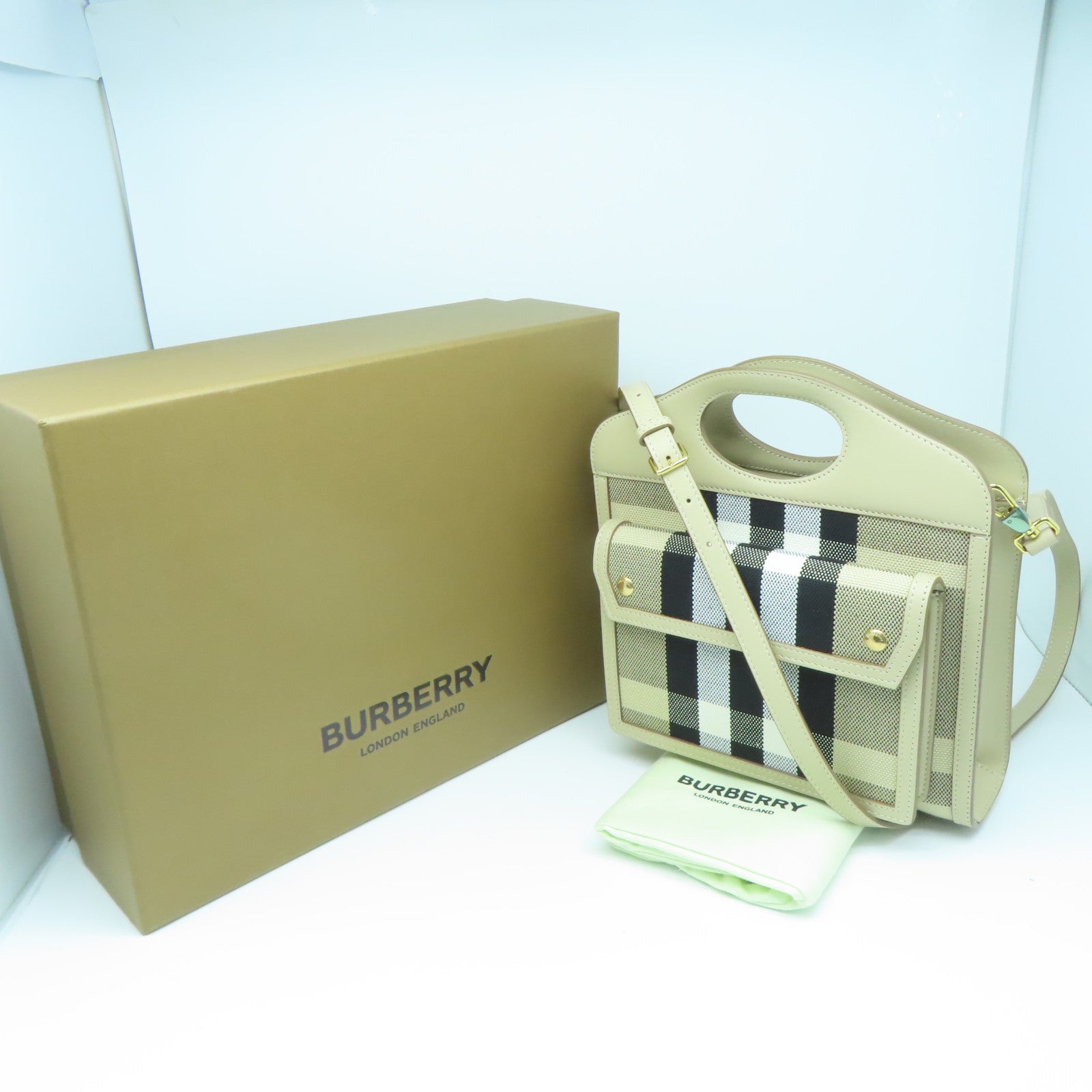 BURBERRY 牛皮皮革/帆布Mini Check金扣手挽肩背兩用袋米色