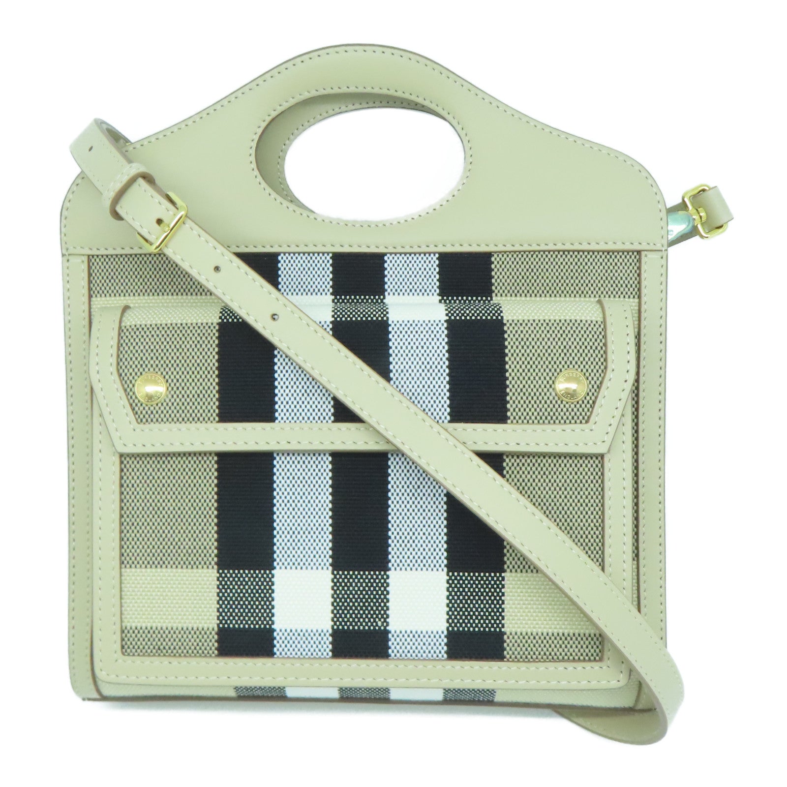 BURBERRY 牛皮皮革/帆布Mini Check金扣手挽肩背兩用袋米色