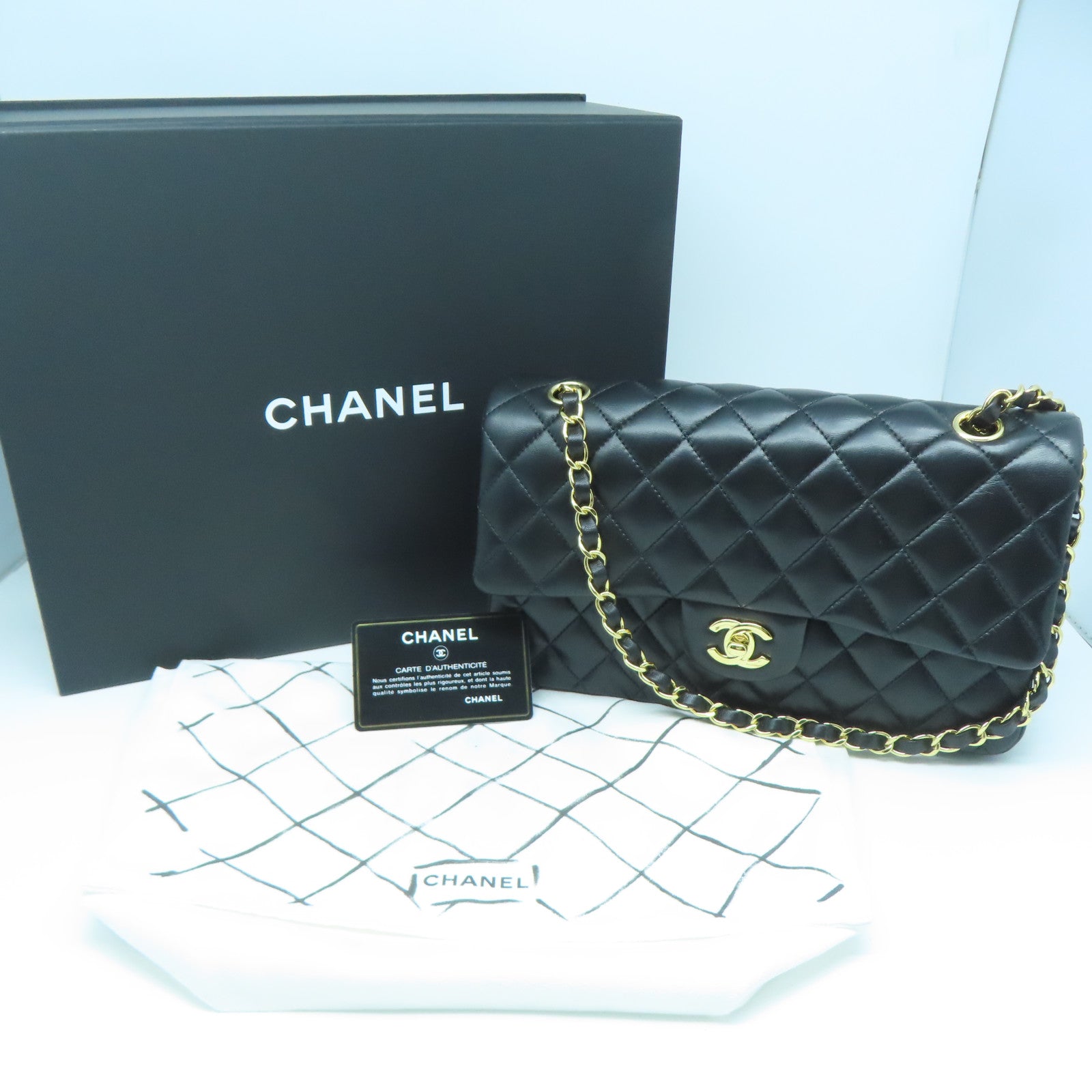 CHANEL 菱格羊皮皮革Classic 25金扣鏈帶肩背袋黑色