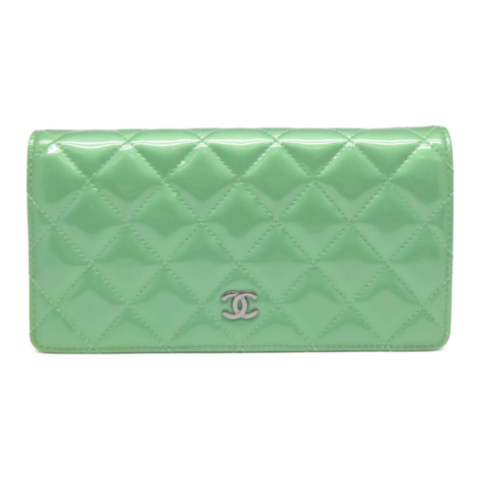 CHANEL 菱格漆皮皮革Long Wallet銀扣長錢包綠色