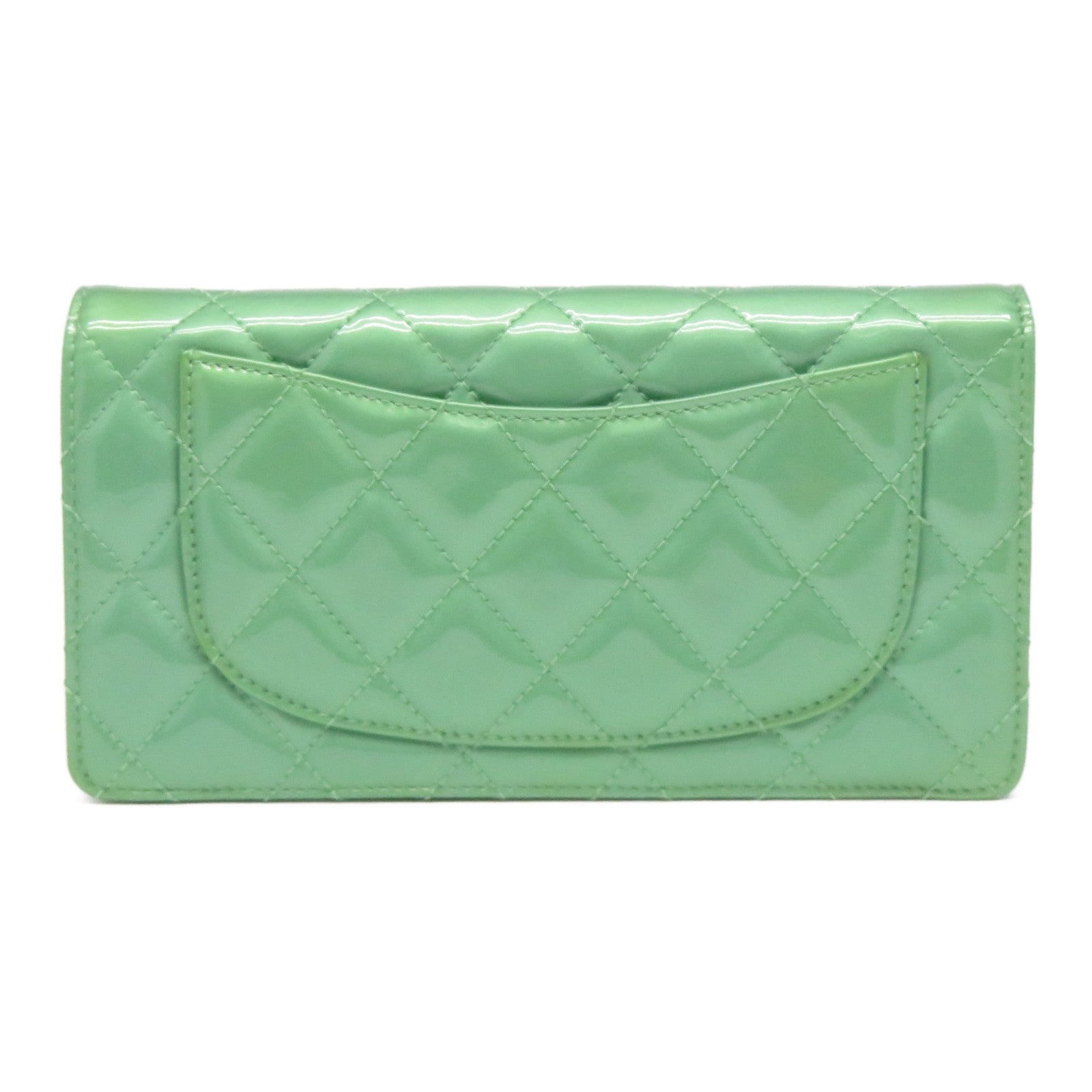 CHANEL 菱格漆皮皮革Long Wallet銀扣長錢包綠色