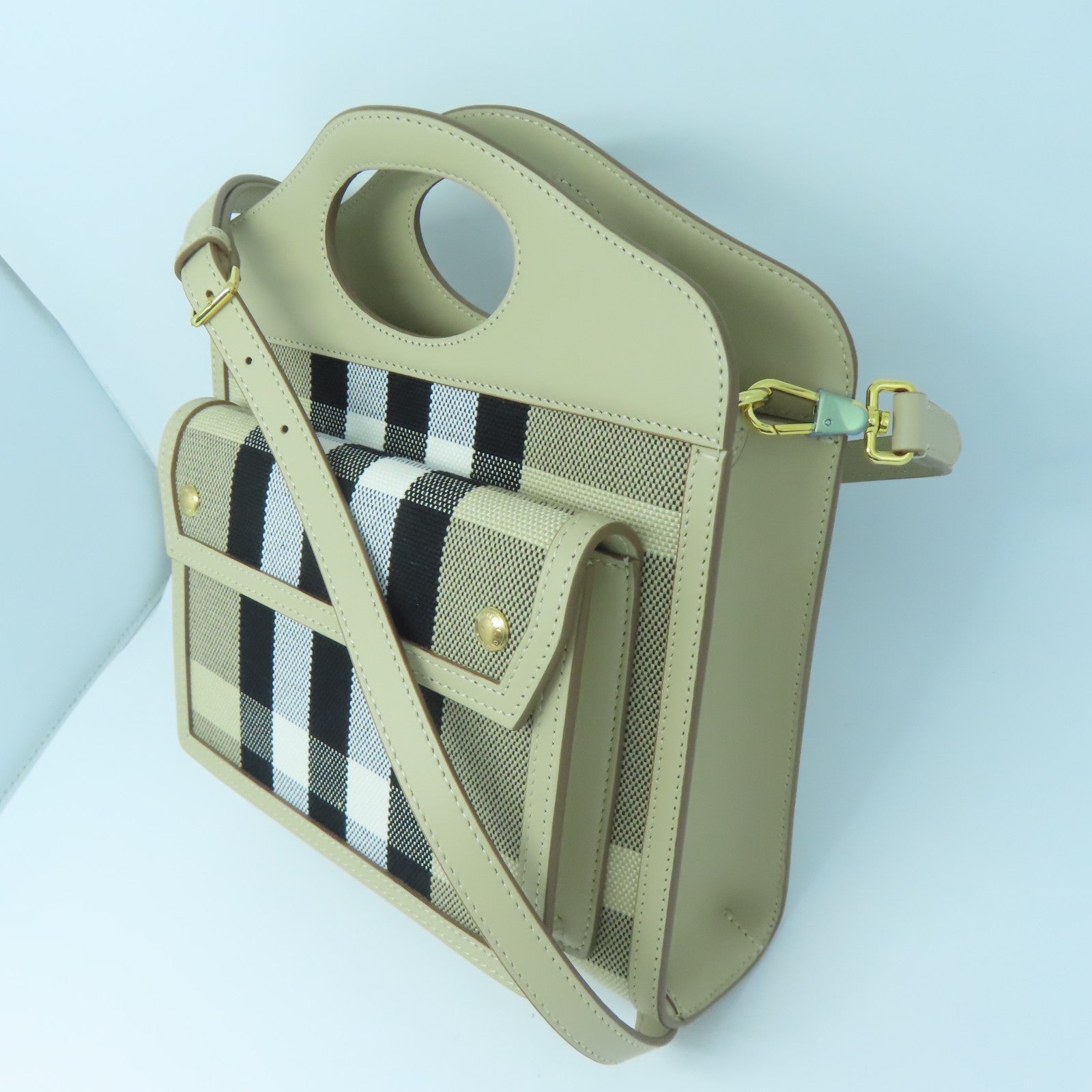 BURBERRY 牛皮皮革/帆布Mini Check金扣手挽肩背兩用袋米色