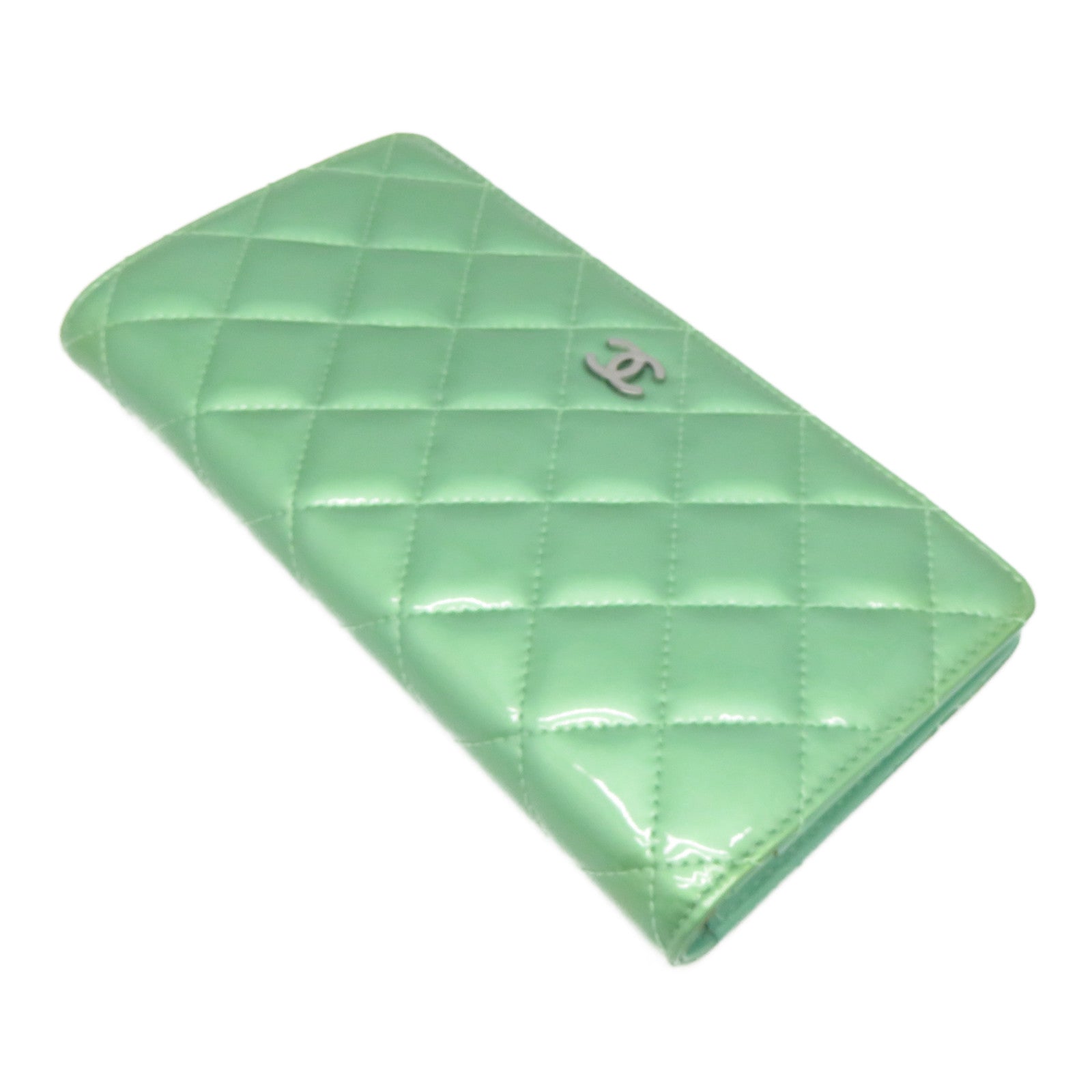 CHANEL 菱格漆皮皮革Long Wallet銀扣長錢包綠色