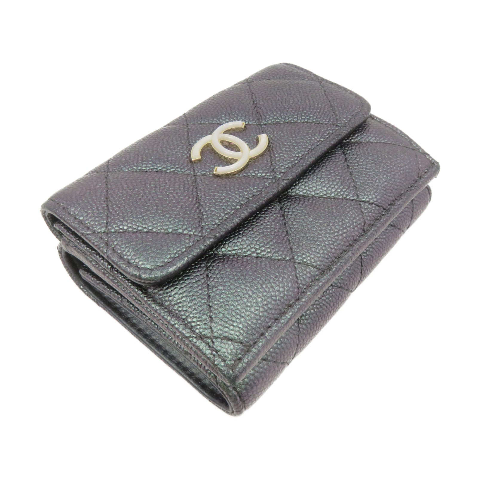 CHANEL 菱格Caviar皮革Small Wallet銀扣短錢包銀紫色