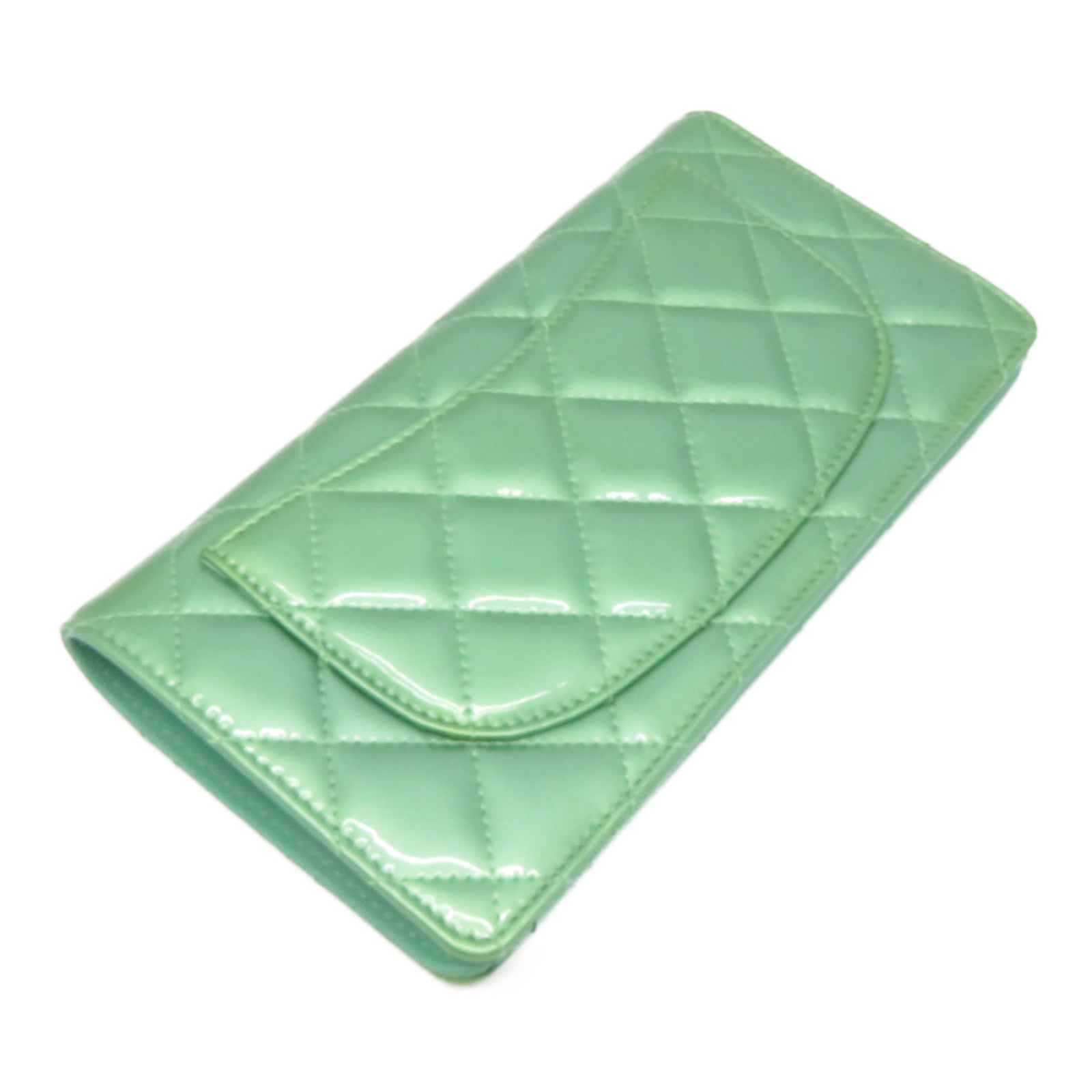 CHANEL 菱格漆皮皮革Long Wallet銀扣長錢包綠色