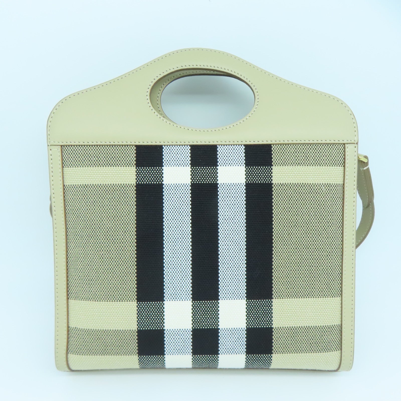 BURBERRY 牛皮皮革/帆布Mini Check金扣手挽肩背兩用袋米色