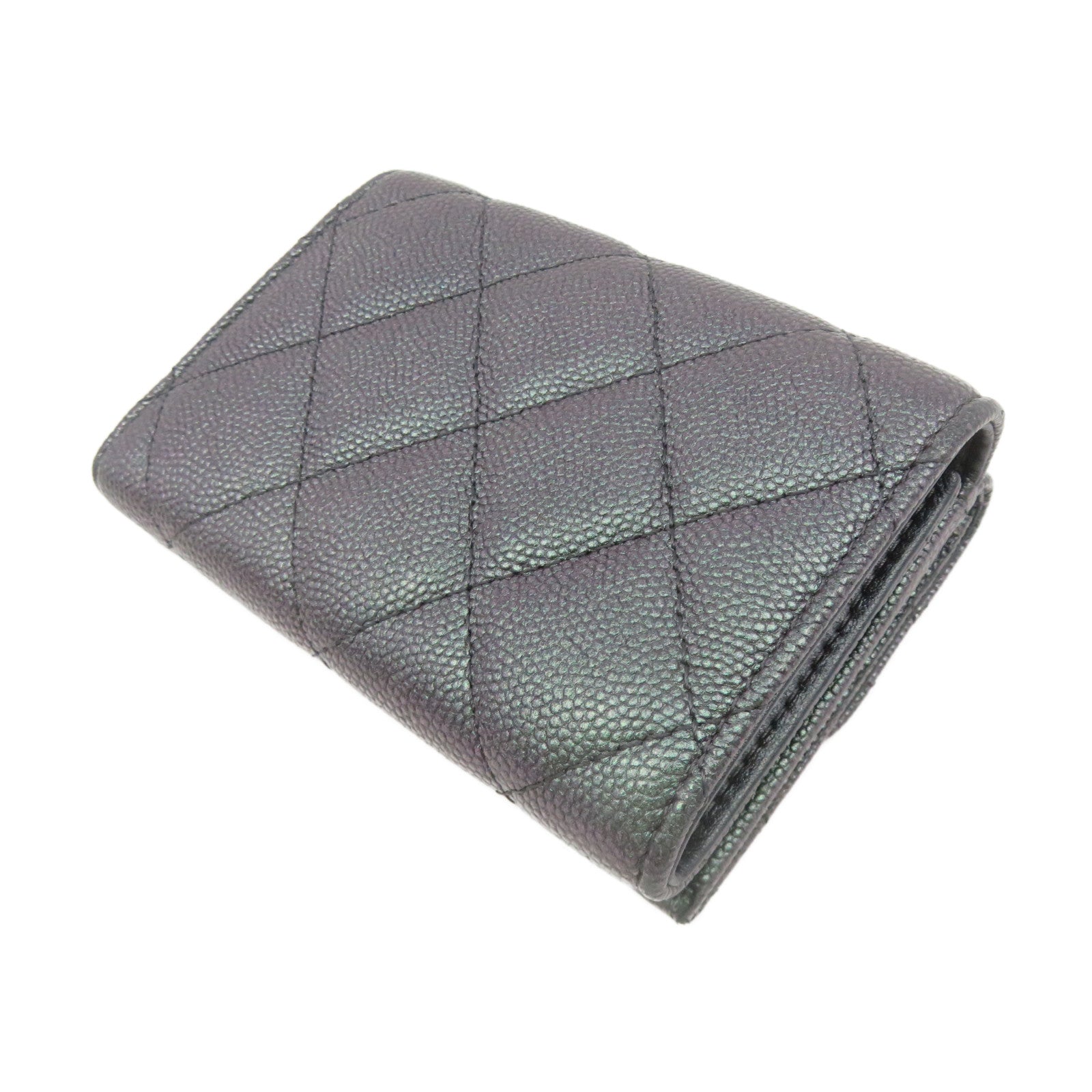 CHANEL 菱格Caviar皮革Small Wallet銀扣短錢包銀紫色