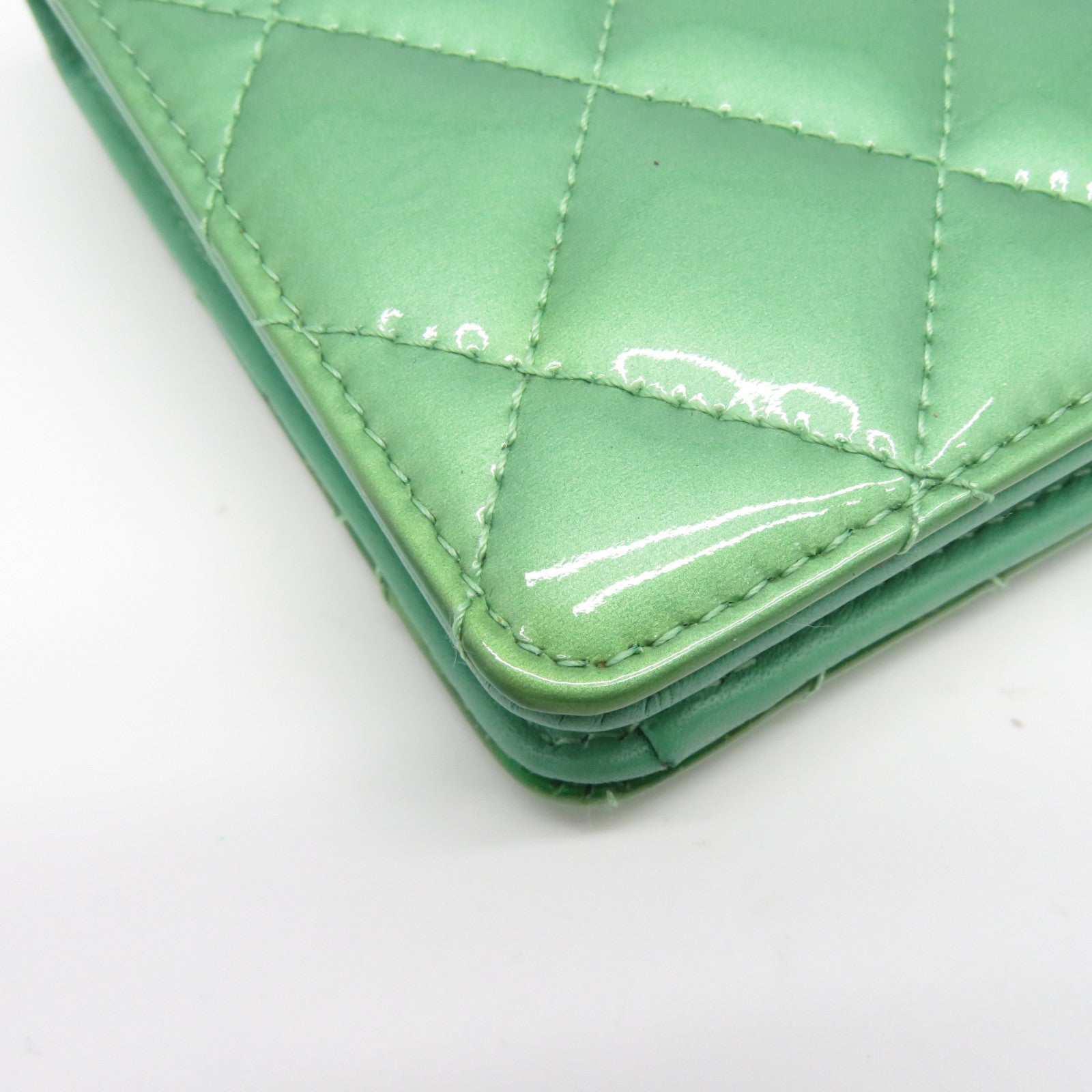 CHANEL 菱格漆皮皮革Long Wallet銀扣長錢包綠色