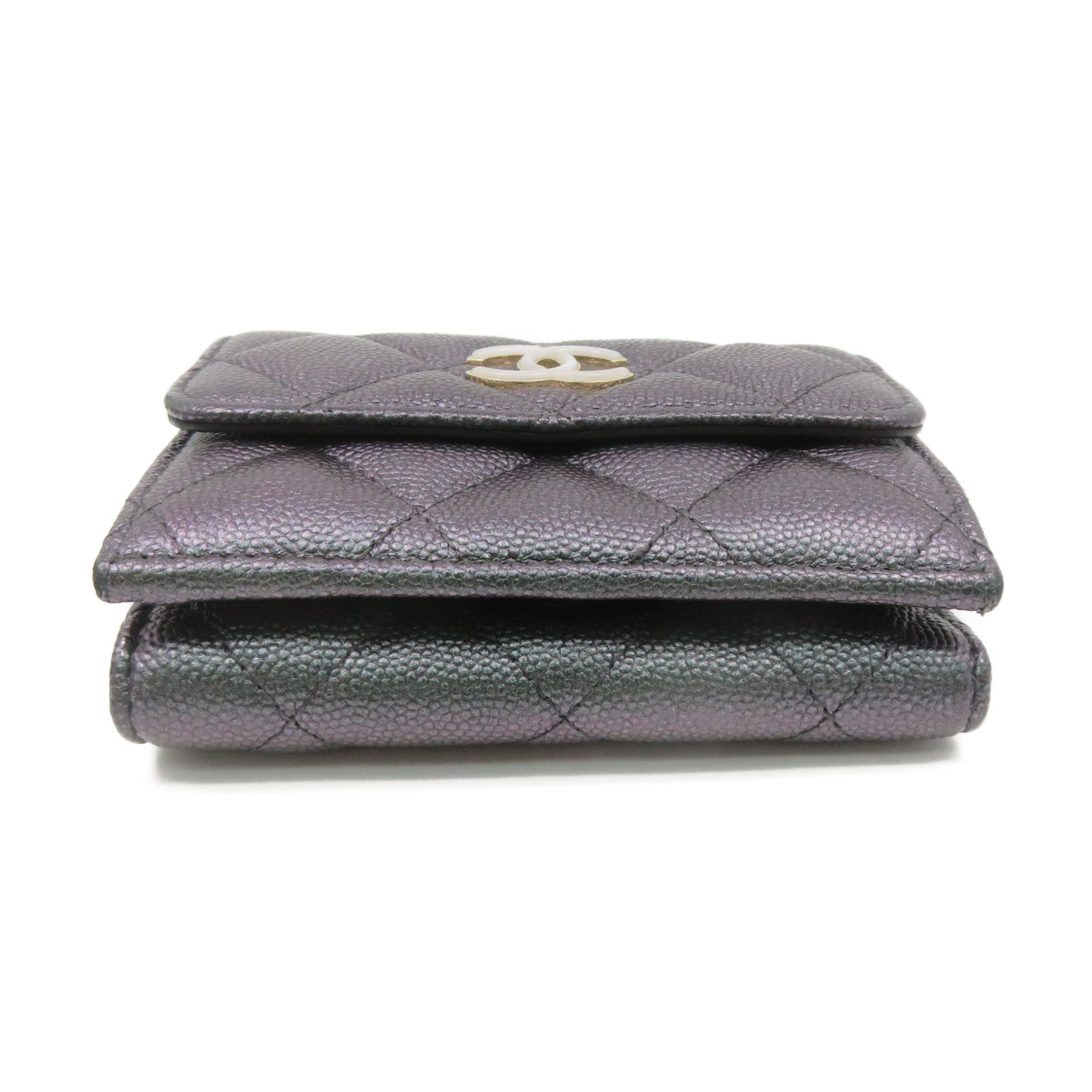 CHANEL 菱格Caviar皮革Small Wallet銀扣短錢包銀紫色