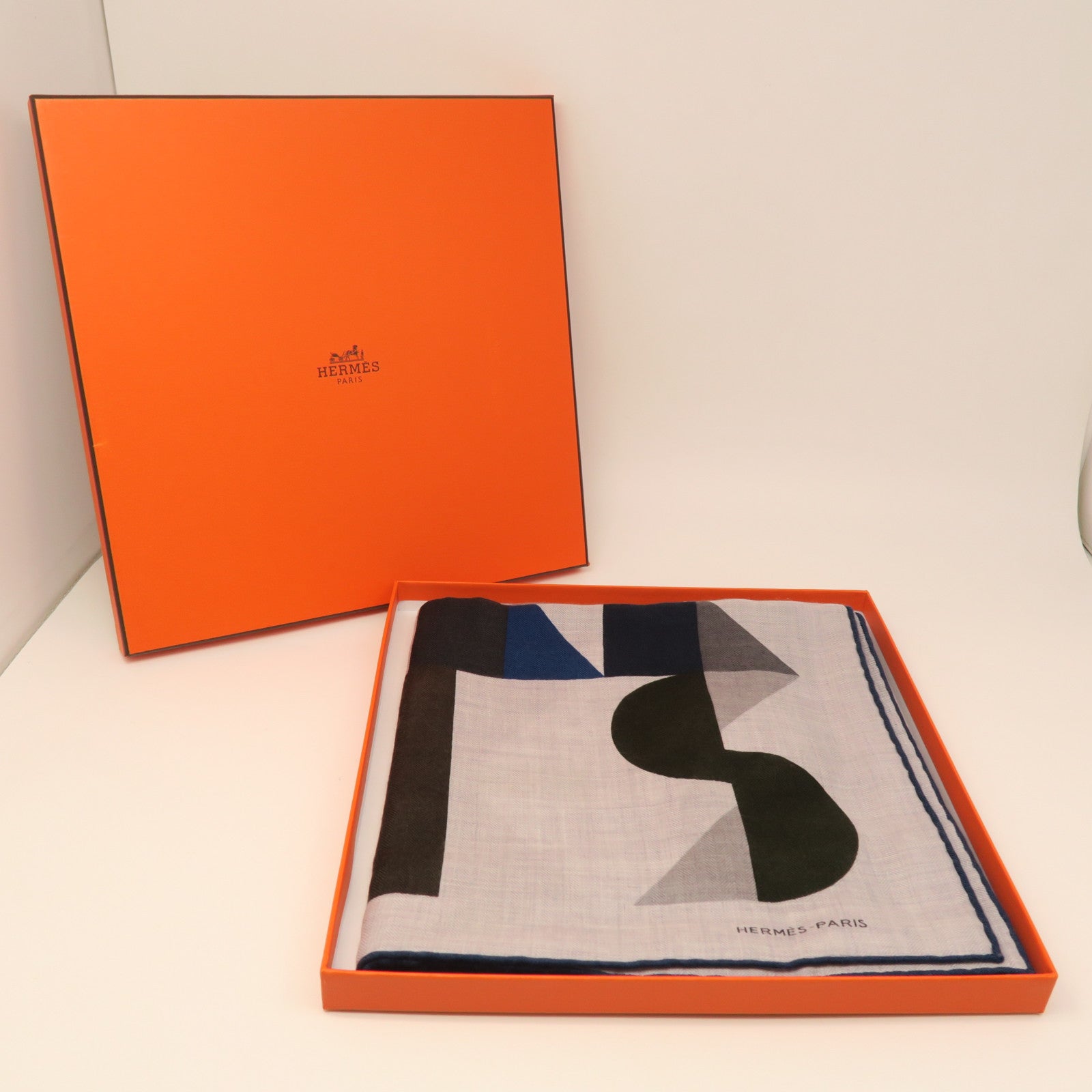 HERMES Wool Scarf 100X100cm Silk Scarf Grey/Blue